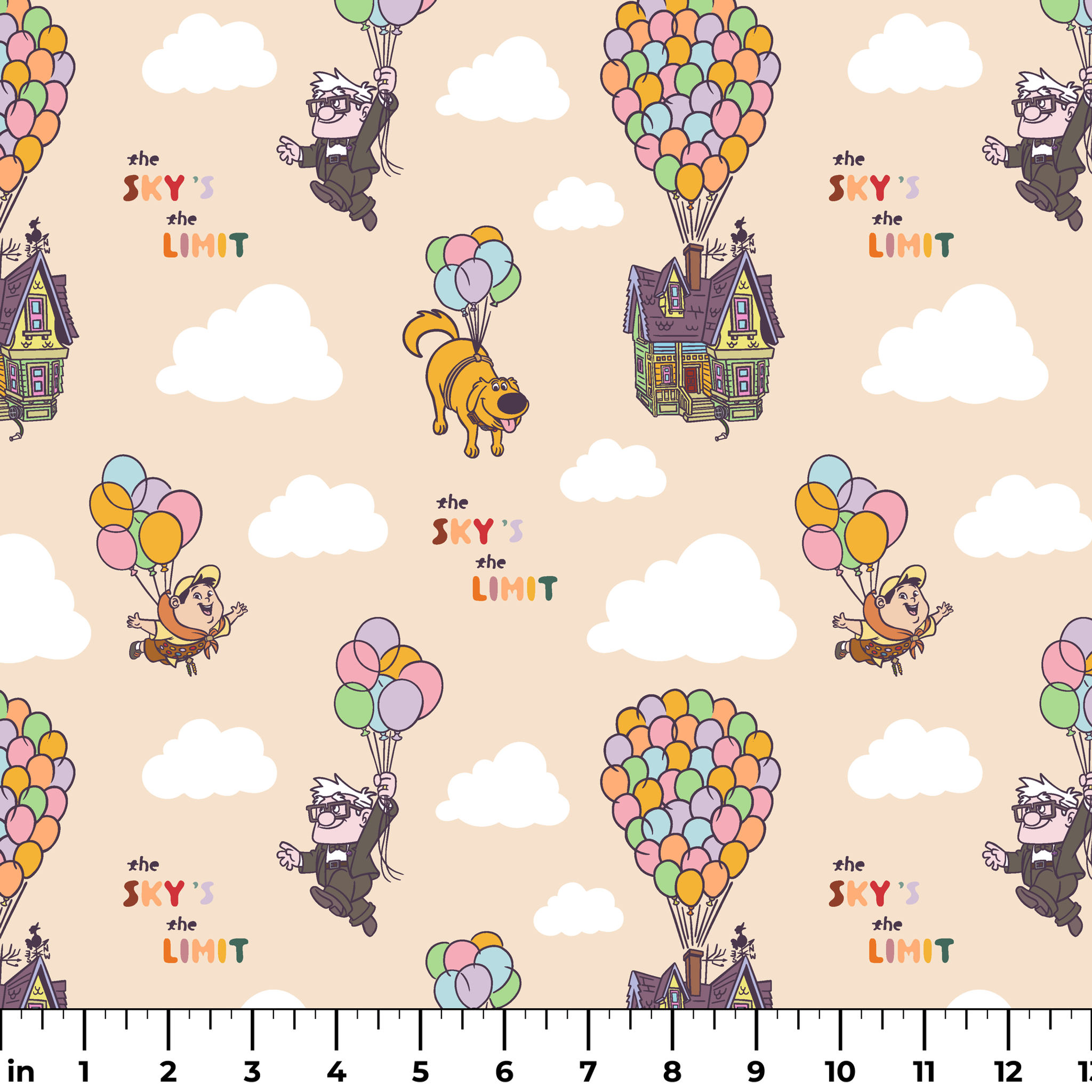 Pixar Up's characters floating with colorful balloons against beige sky with "sky's the limit" text ruler