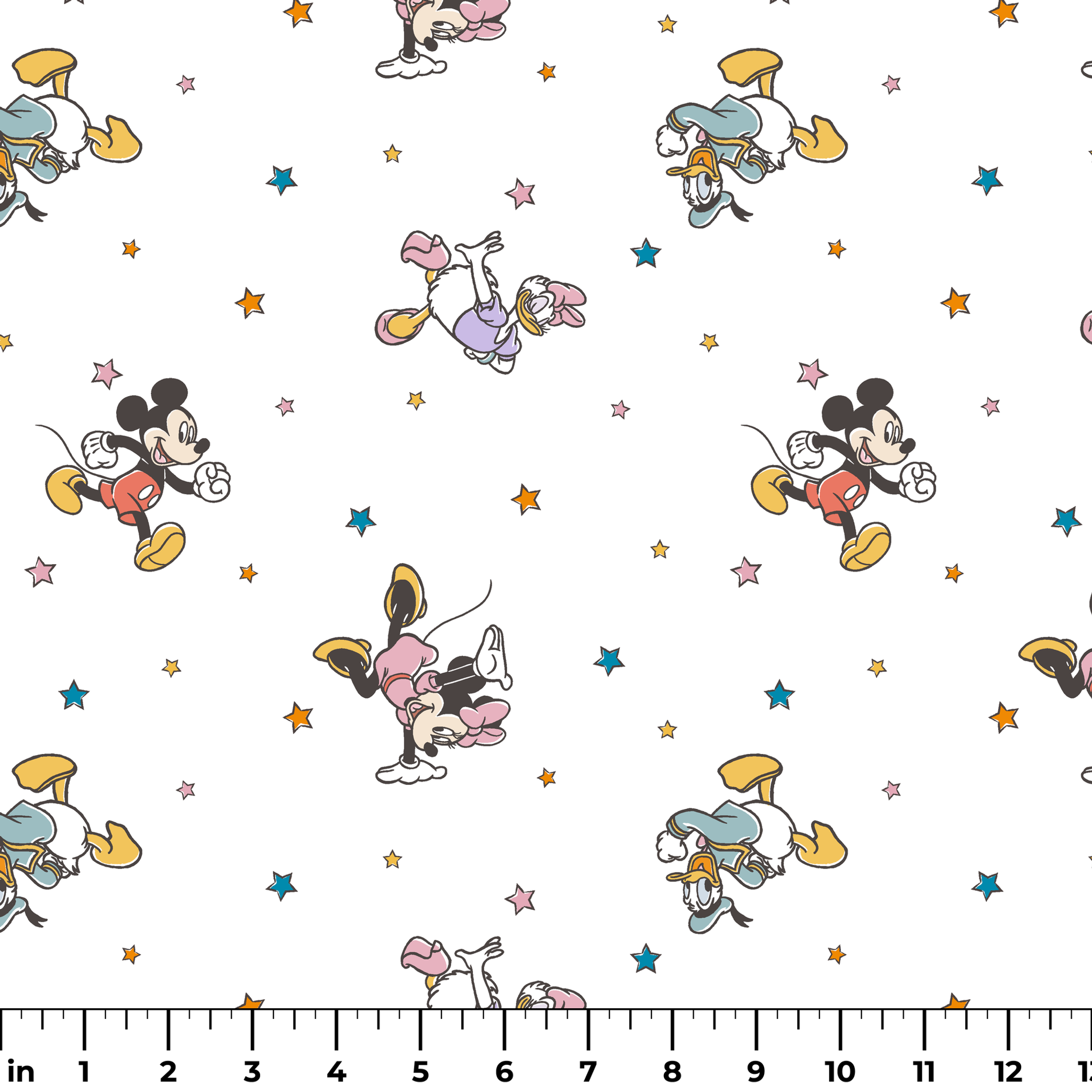 Disney characters pattern with Mickey Mouse and unicorns on white background with colorful stars ruler