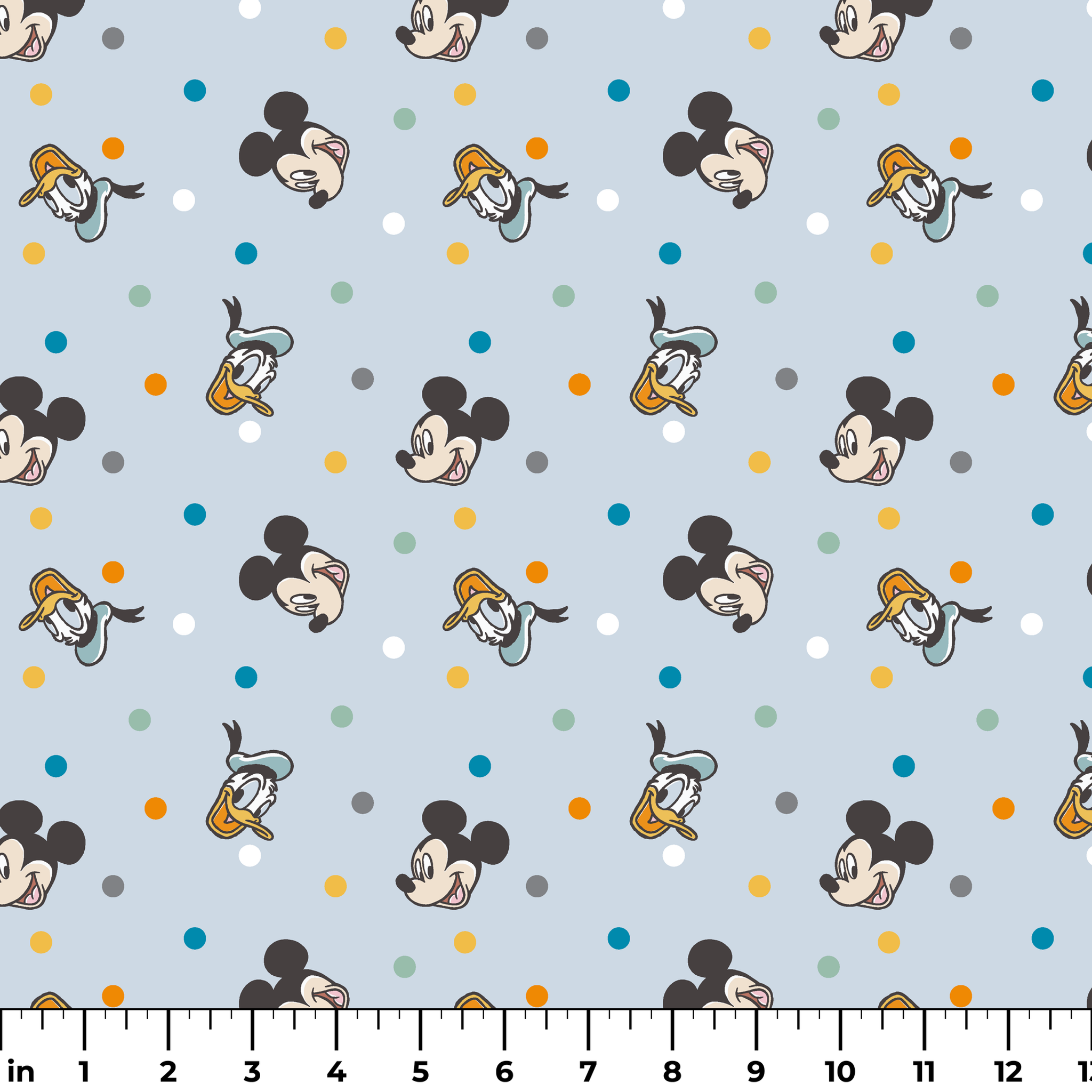 Disney character pattern with Mickey Mouse and Donald Duck heads scattered on light blue background with colorful polka dots ruler