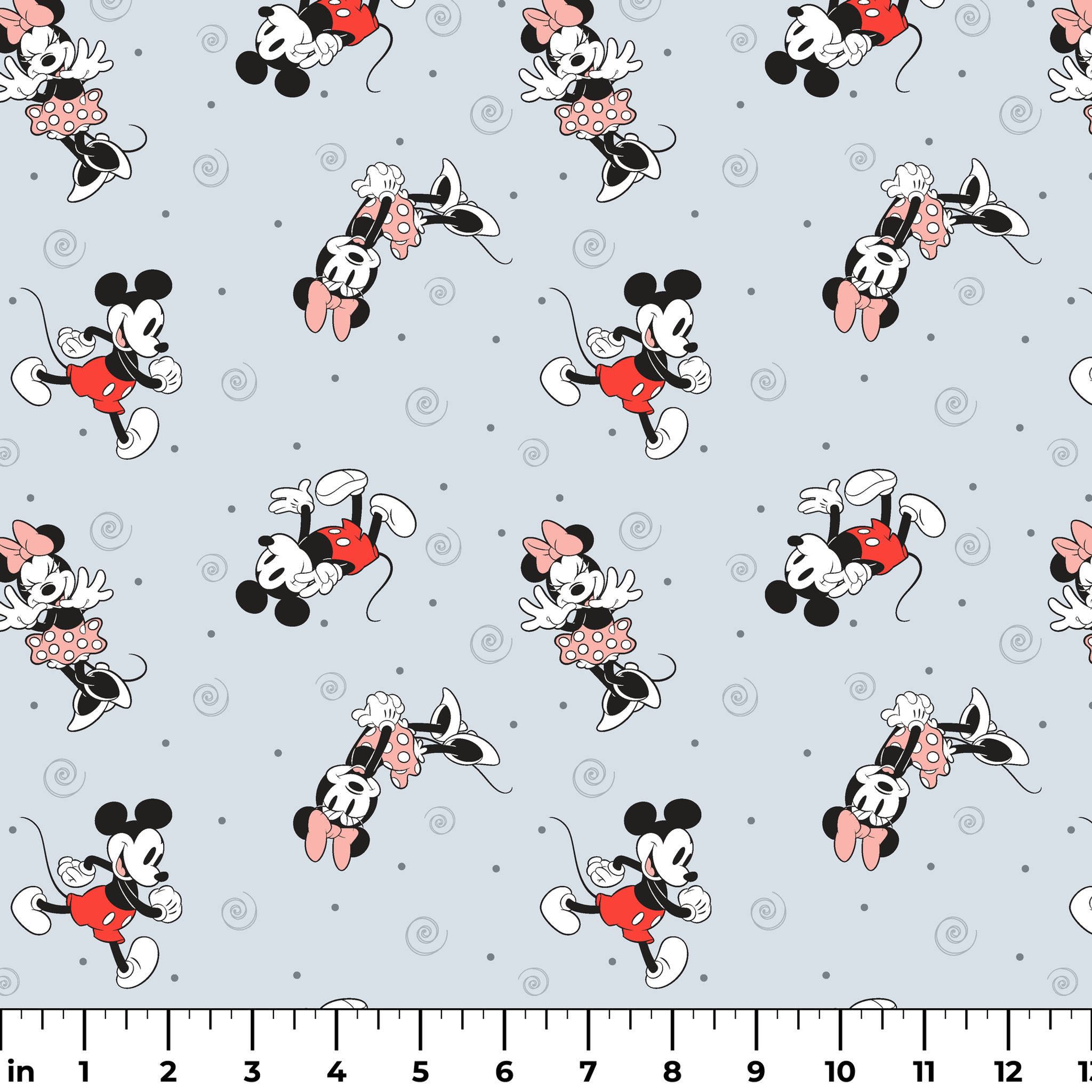 Classic Minnie and Mickey Mouse pattern with characters in various poses on light blue background with swirls ruler