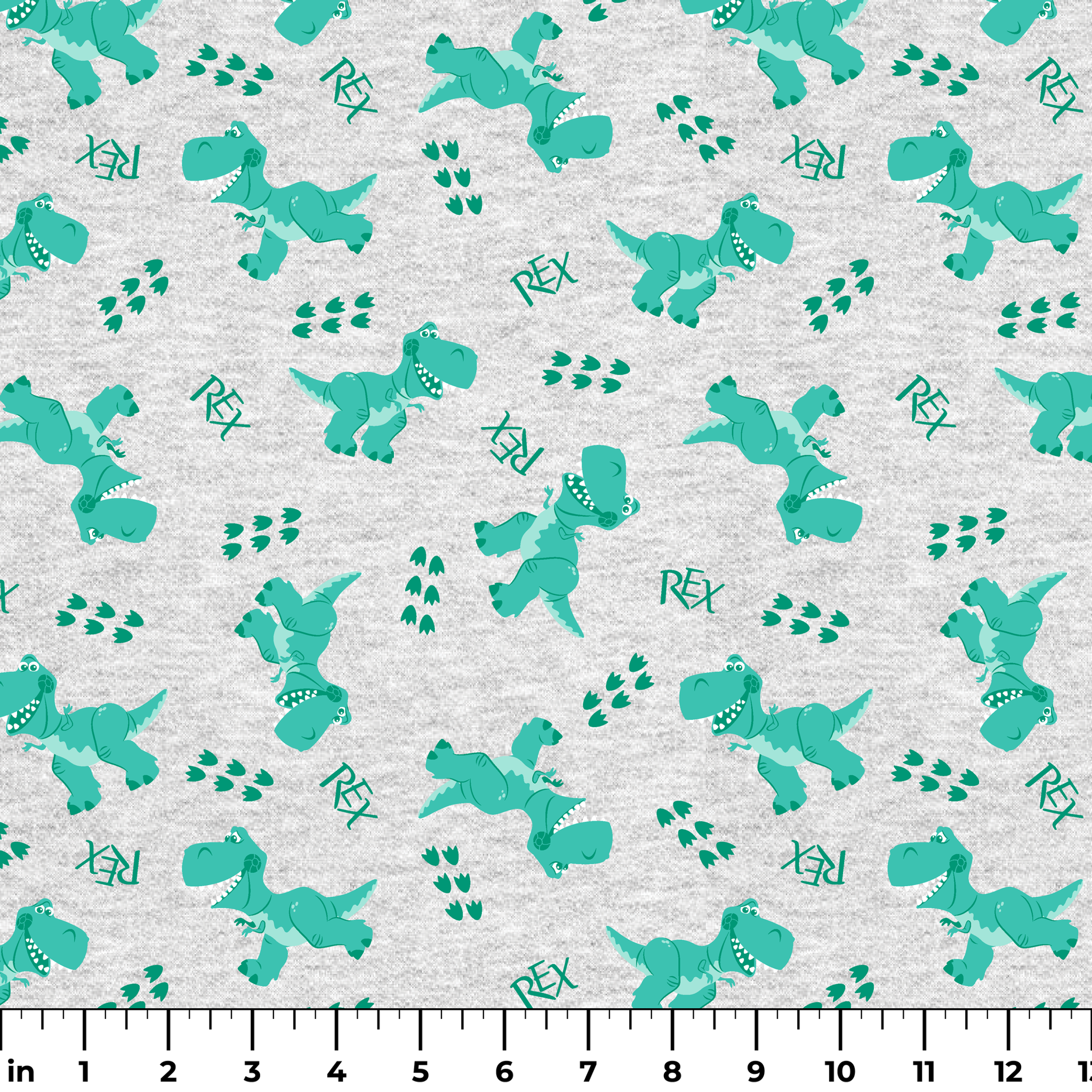 Playful Toy Story' Rex pattern on light gray heathered background ruler
