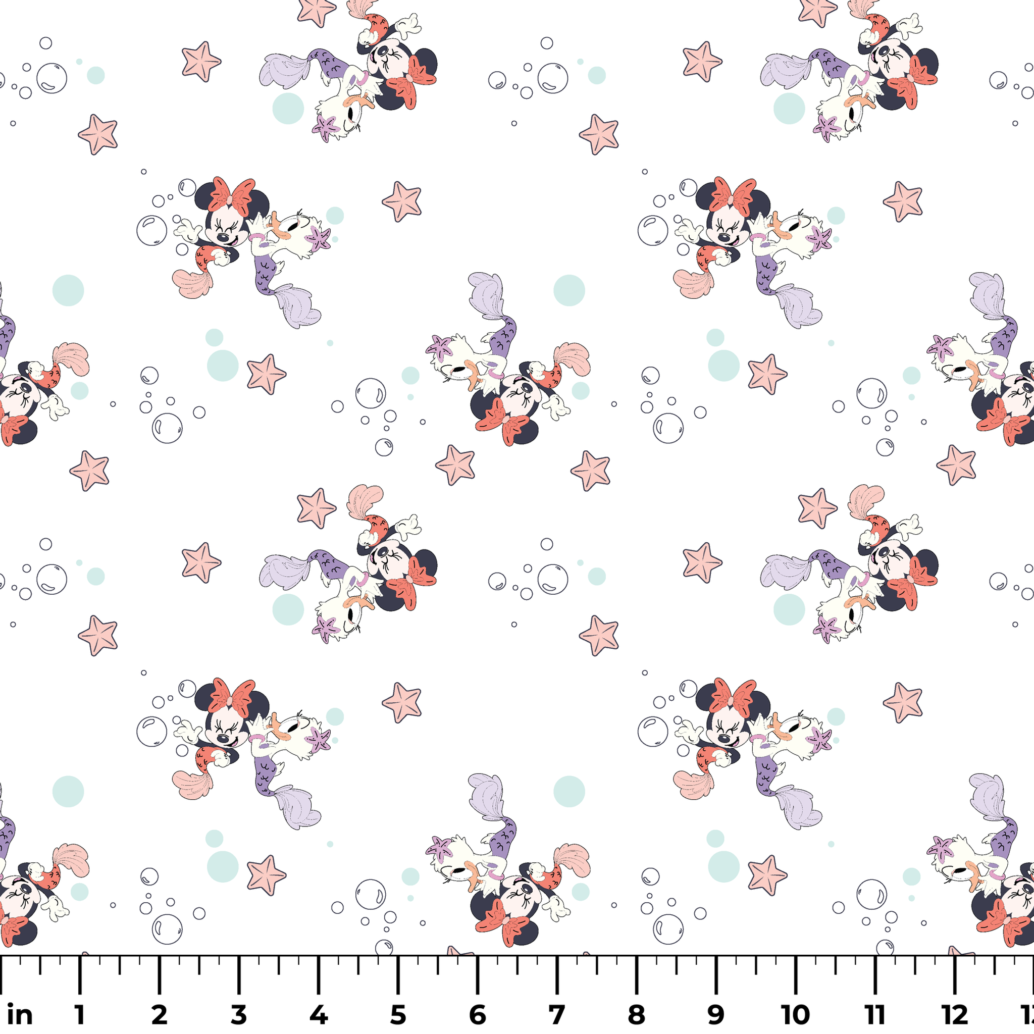 Minnie Mouse pattern with pastel stars and bubbles on white background, playful cartoon style ruler