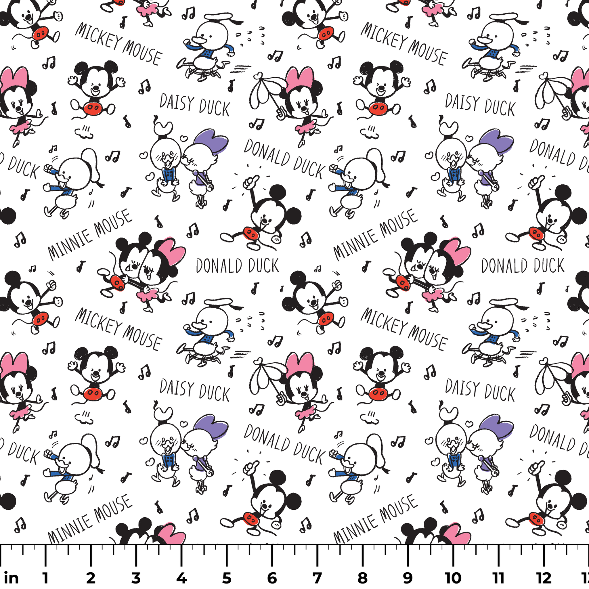 Classic Disney cartoon characters pattern with Mickey, Minnie, Donald, and Daisy with musical notes on white background. ruler