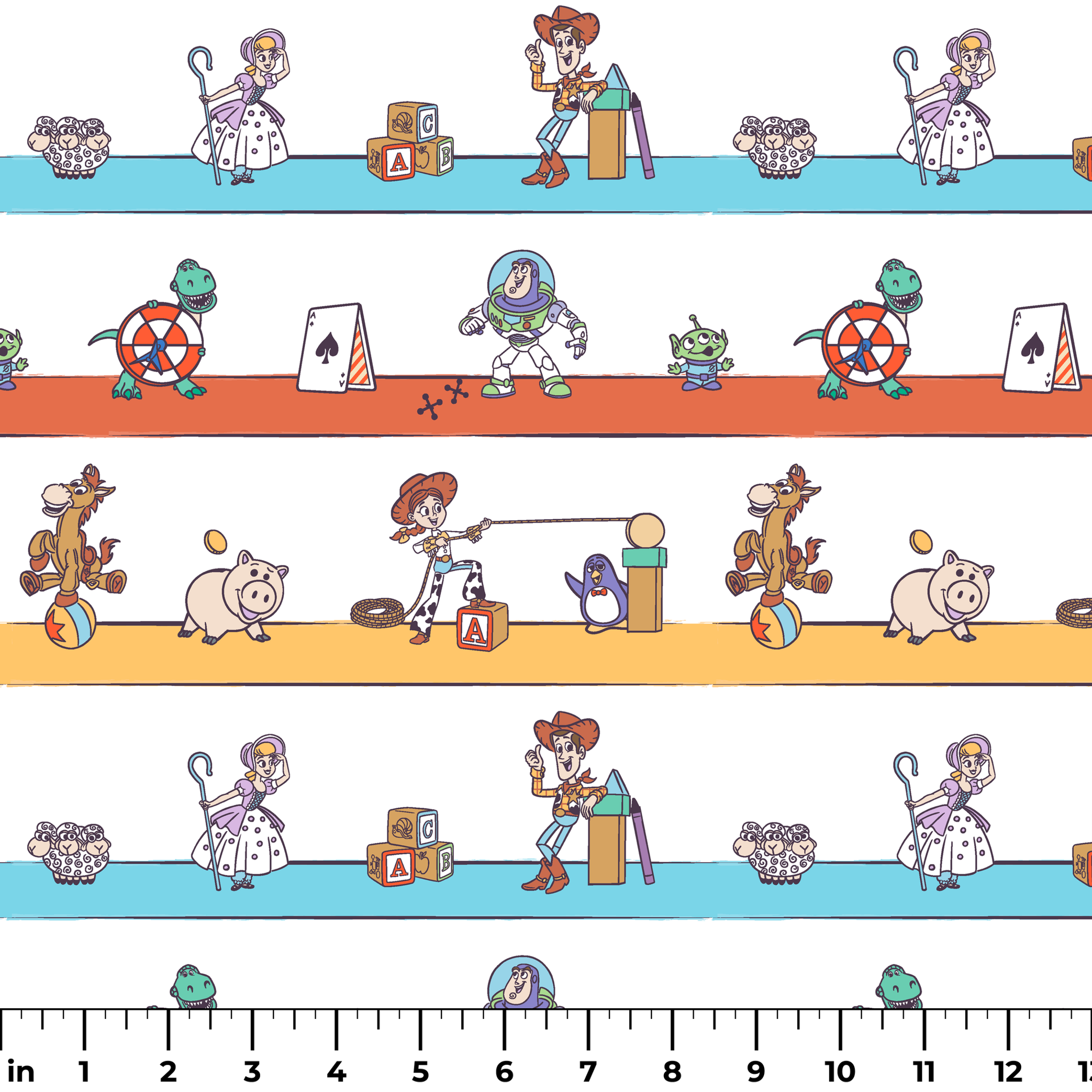 Cartoon illustration of three rows showing different Toy Story characters in action - Woody, Buzzlightyear, Jessie, & more! ruler