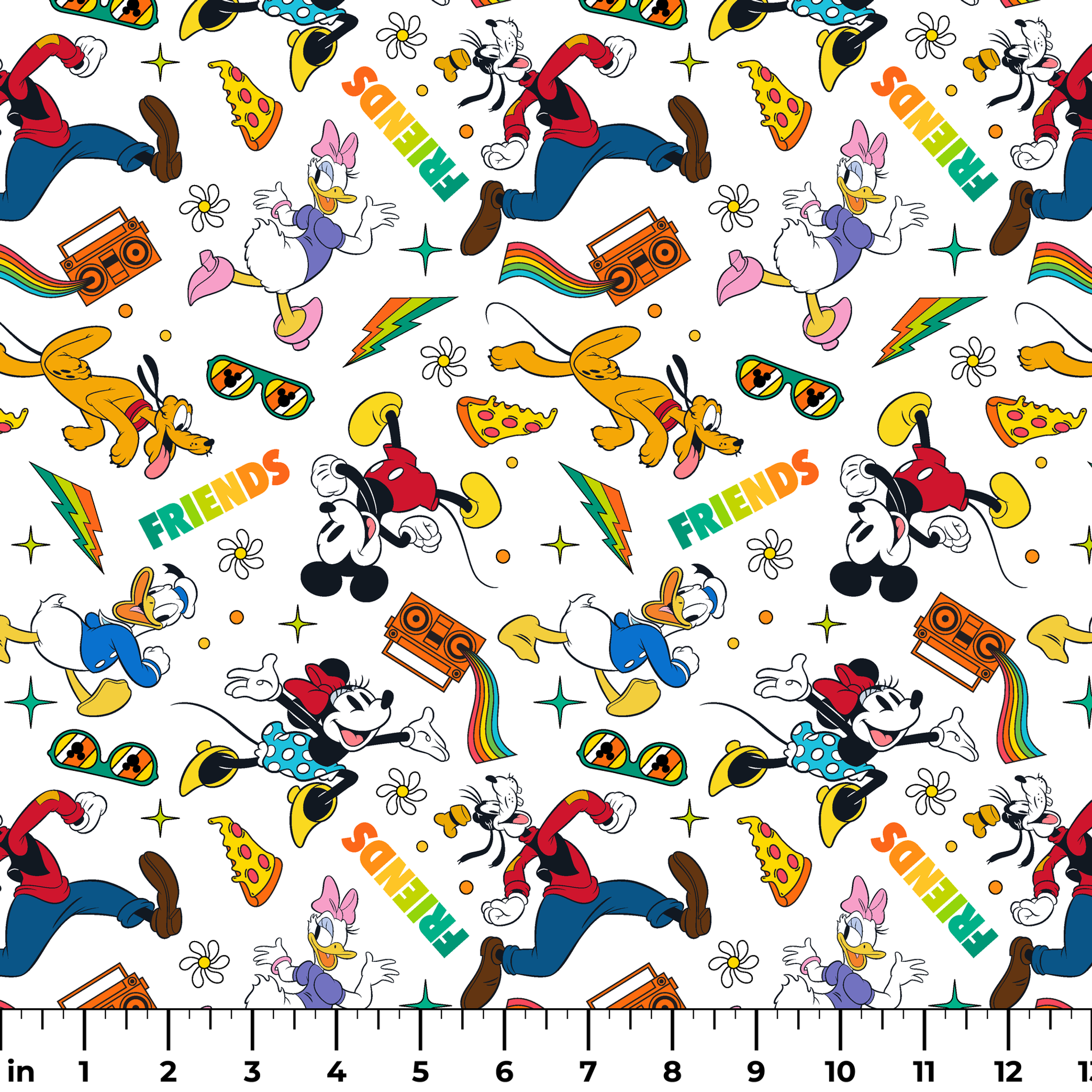 Cartoon pattern featuring classic Disney characters with radios, rainbows, sunglasses and "FRIENDS" text on white background. ruler