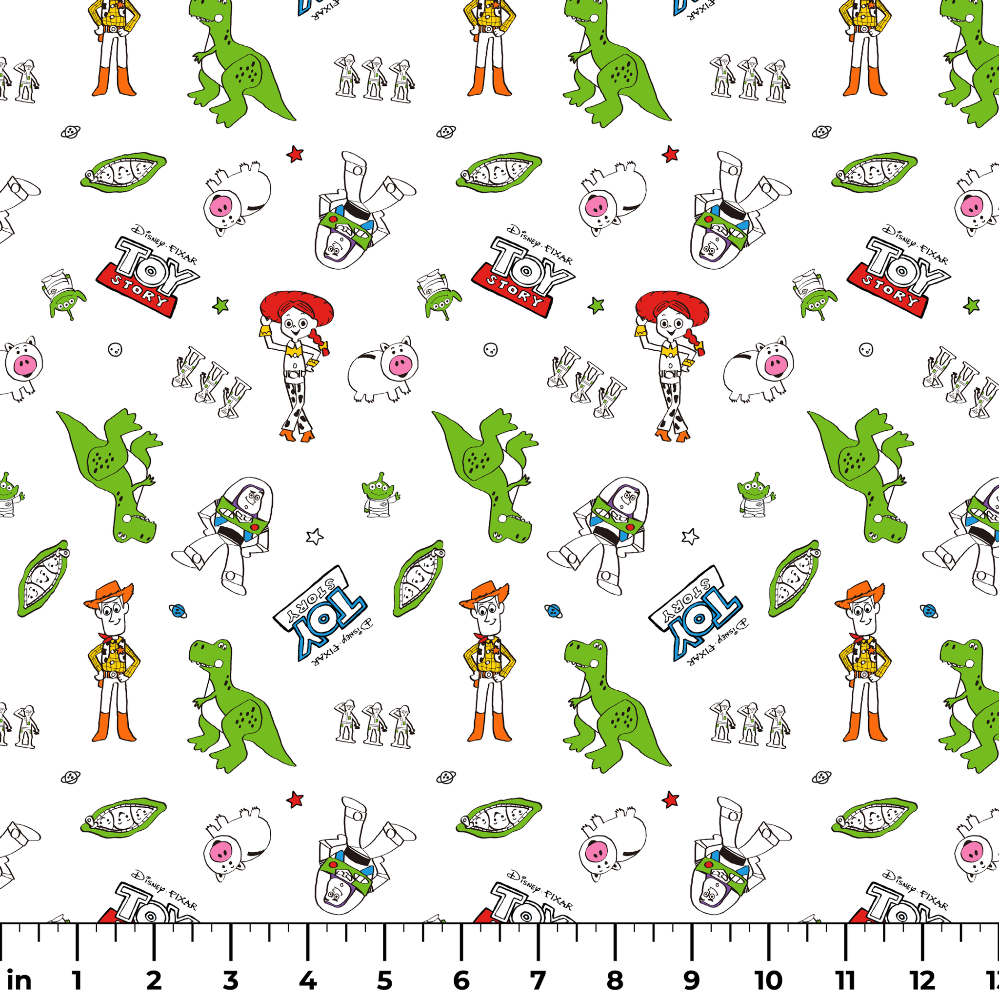 Toy Story pattern with Rex, Buzz, Woody, and alien characters scattered on white background ruler