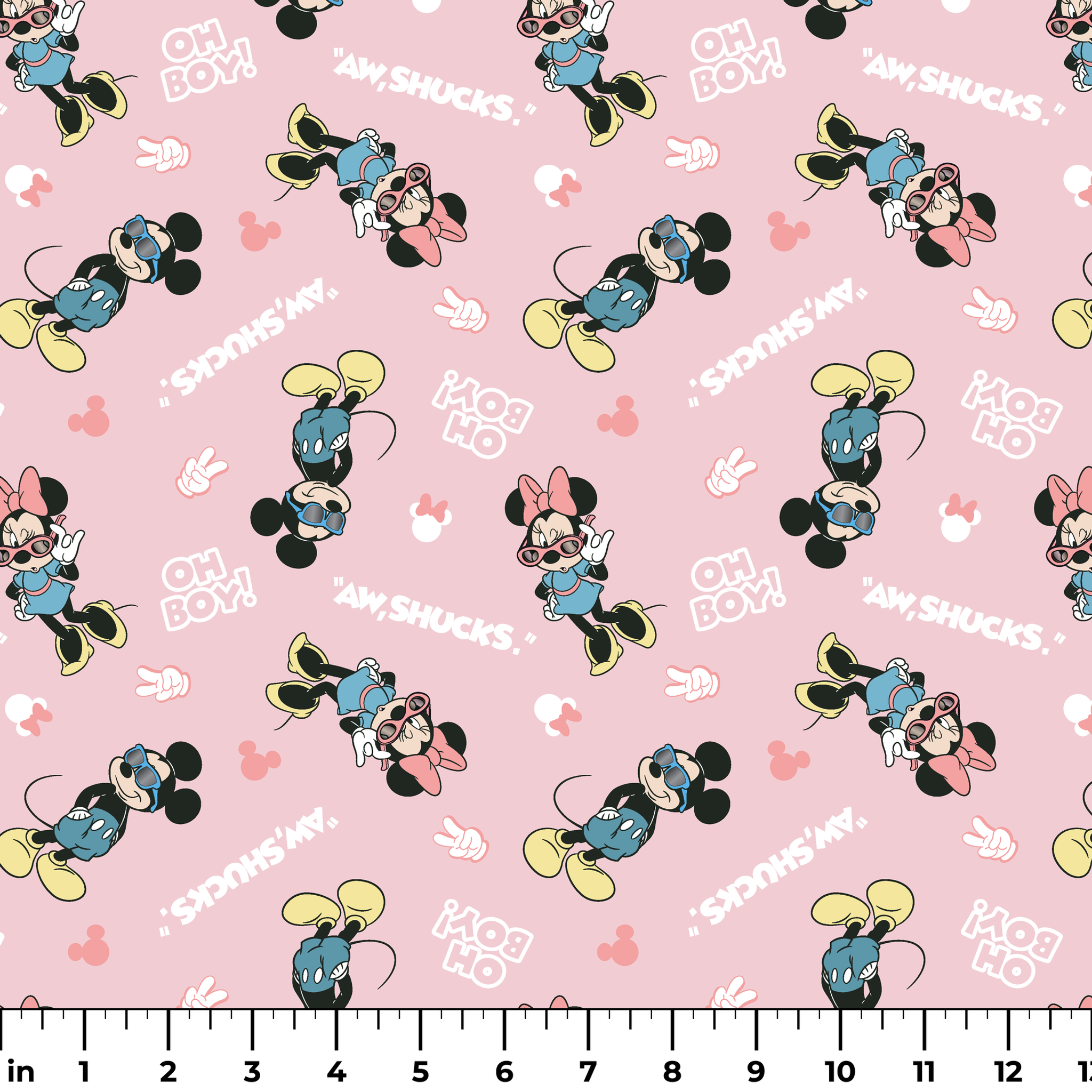 Disney cartoon characters on pink background with expressions "Oh Boy" and "Aw Shucks" in repeating pattern ruler