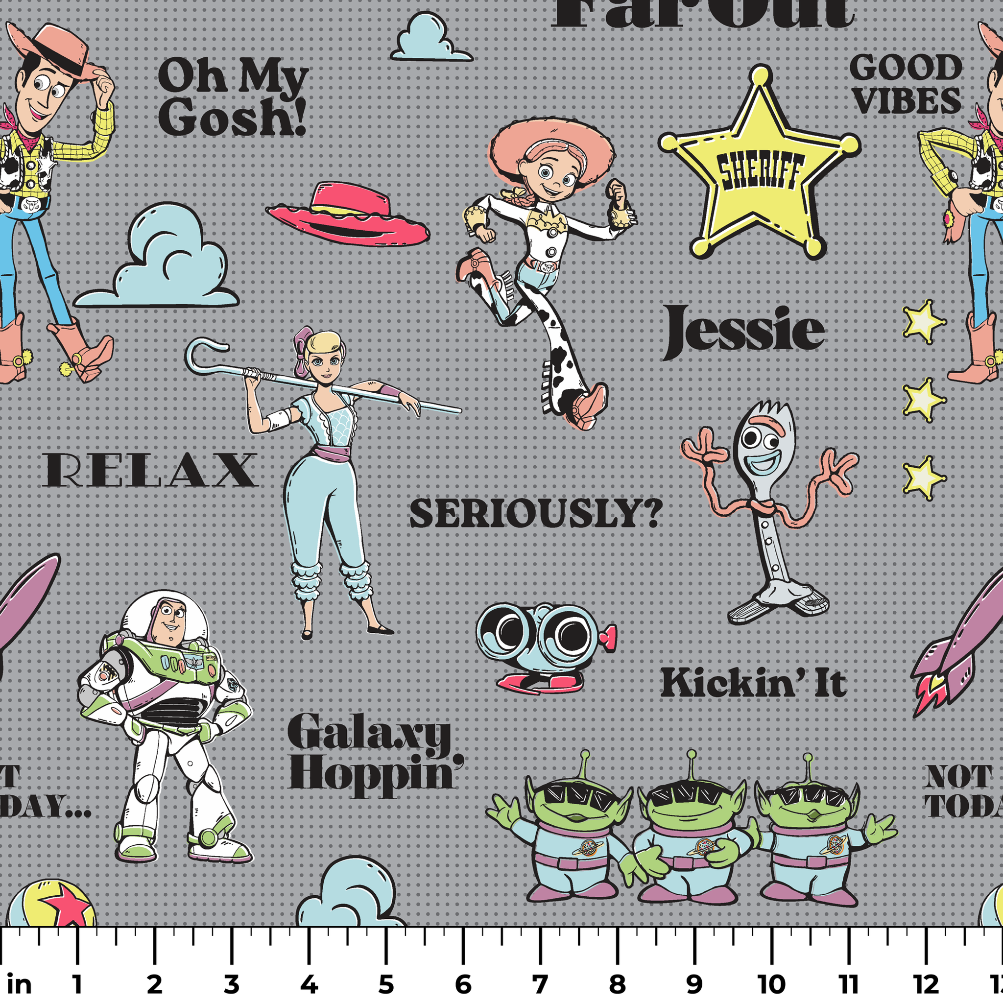 Toy Story character pattern with Buzz, Woody and aliens on gray background with phrases like "Good Vibes" and "Galaxy Hoppin' ruler