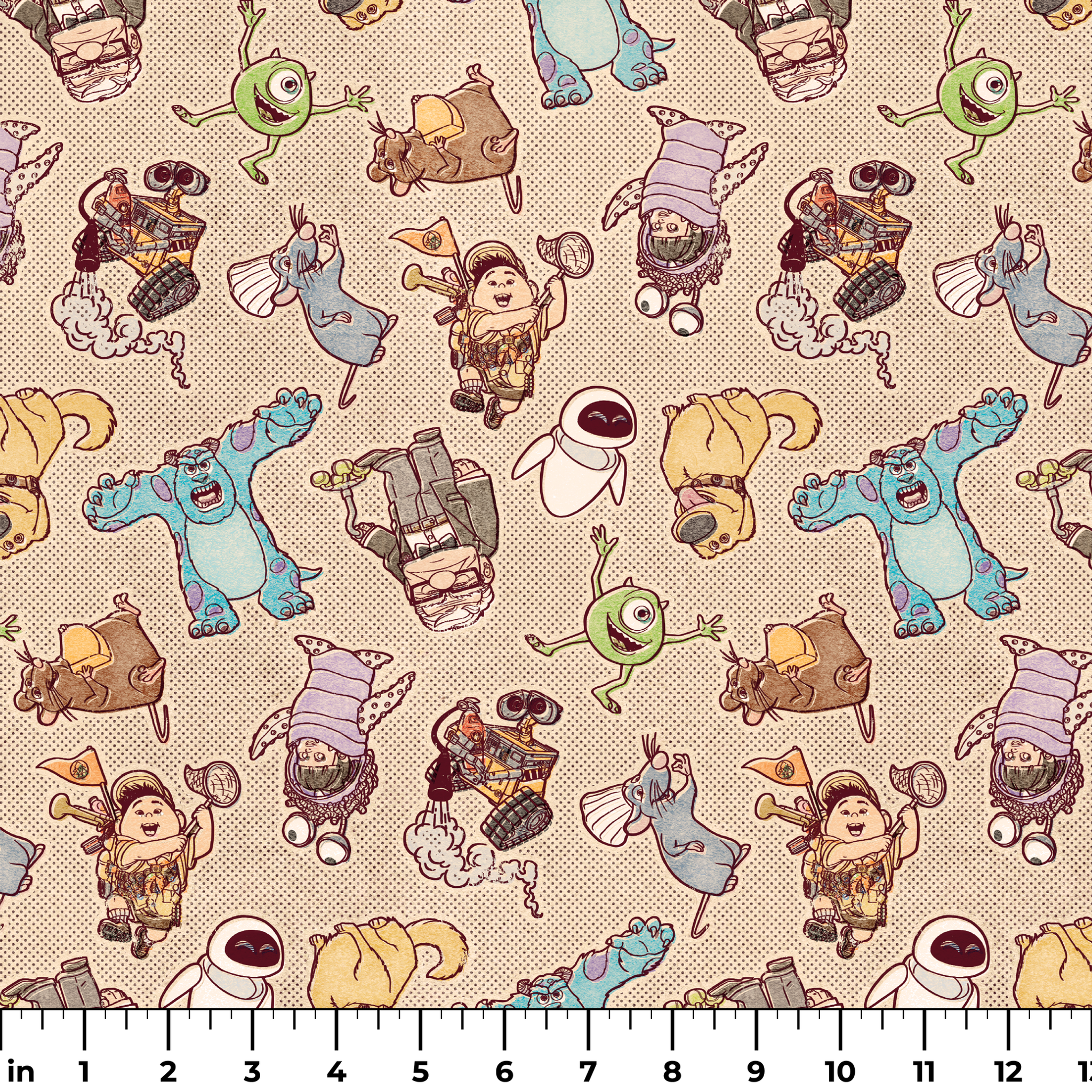 Cute cartoon pattern of Pixar characters including Wall-E, Sulley, and other characters on beige background ruler
