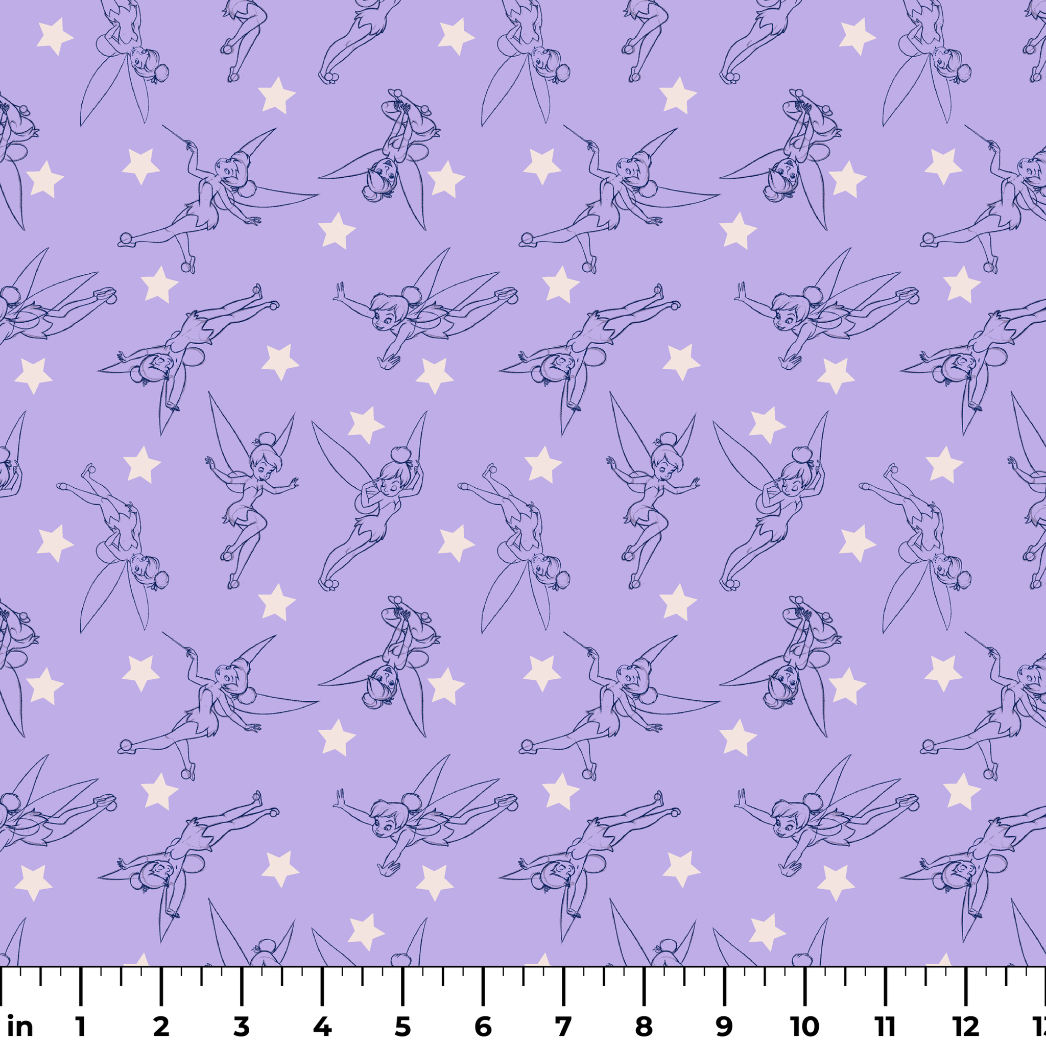 Tinker Bell dancing across a lavender purple background with white stars ruler
