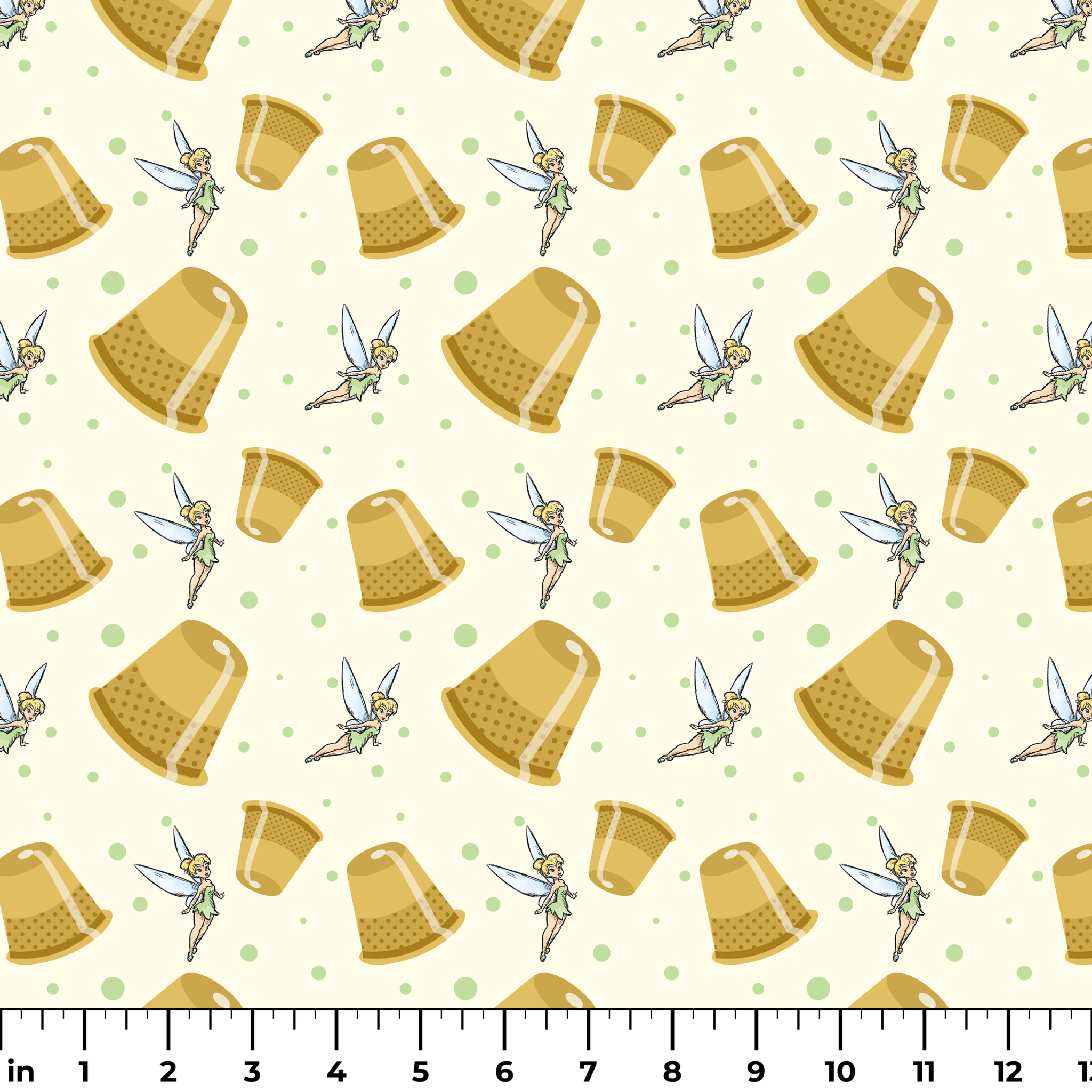 A pattern featuring Tinkerbell fairy with golden thimbles on a pale background with green dots. ruler