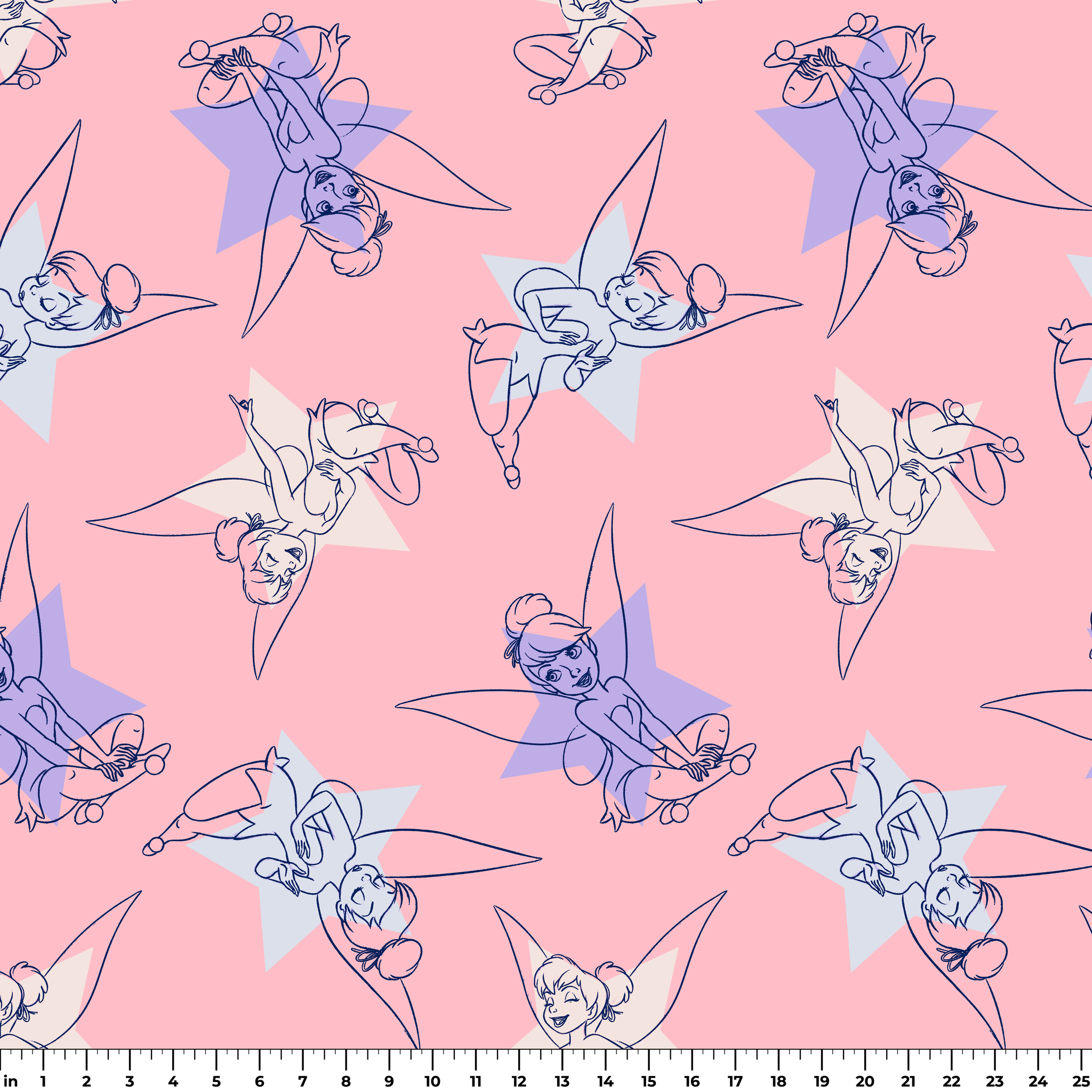 Whimsical Tinker Bells in outlined blue and white style on a soft pink background ruler