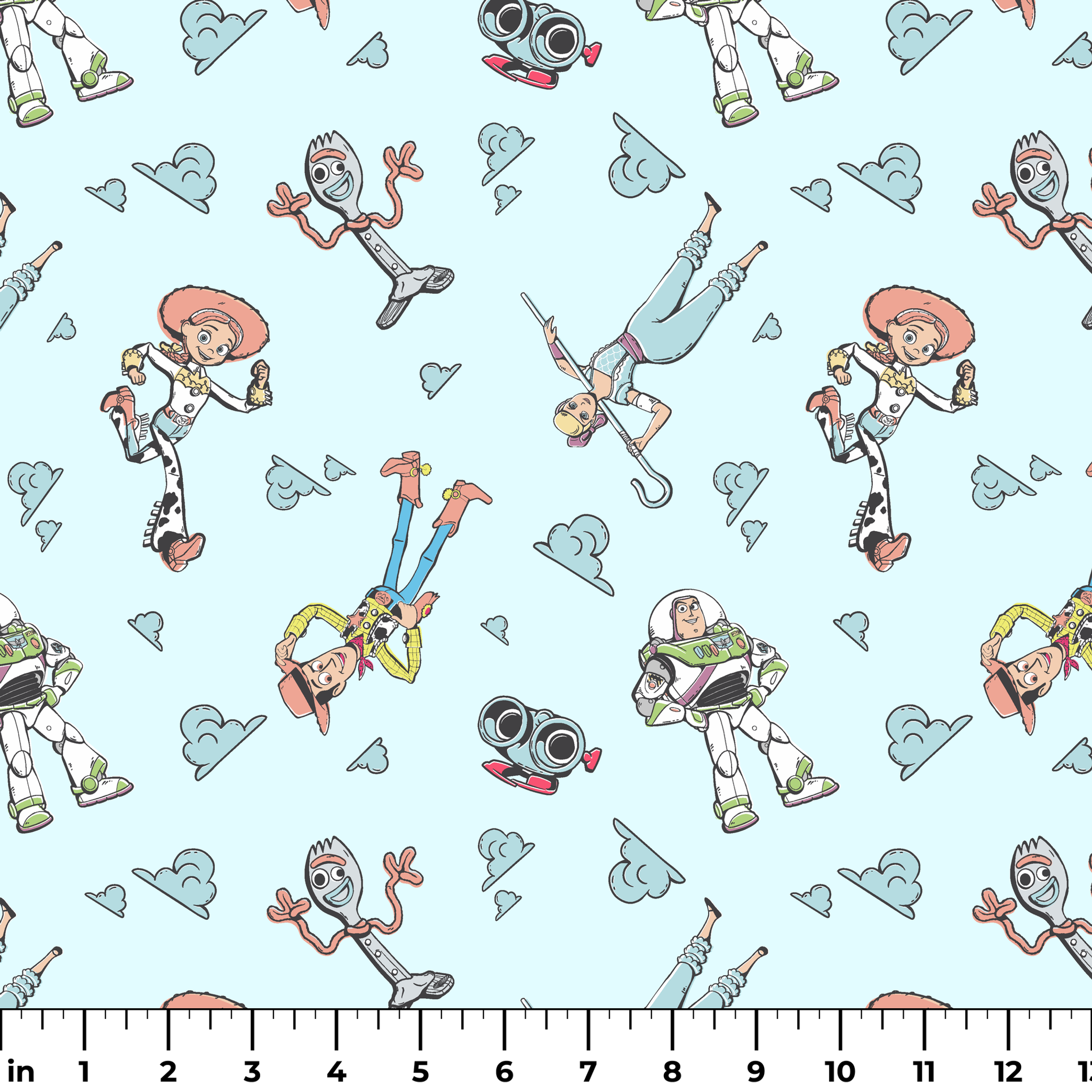 Cartoon characters from "Toy Story" floating on light blue background with cloud patterns ruler