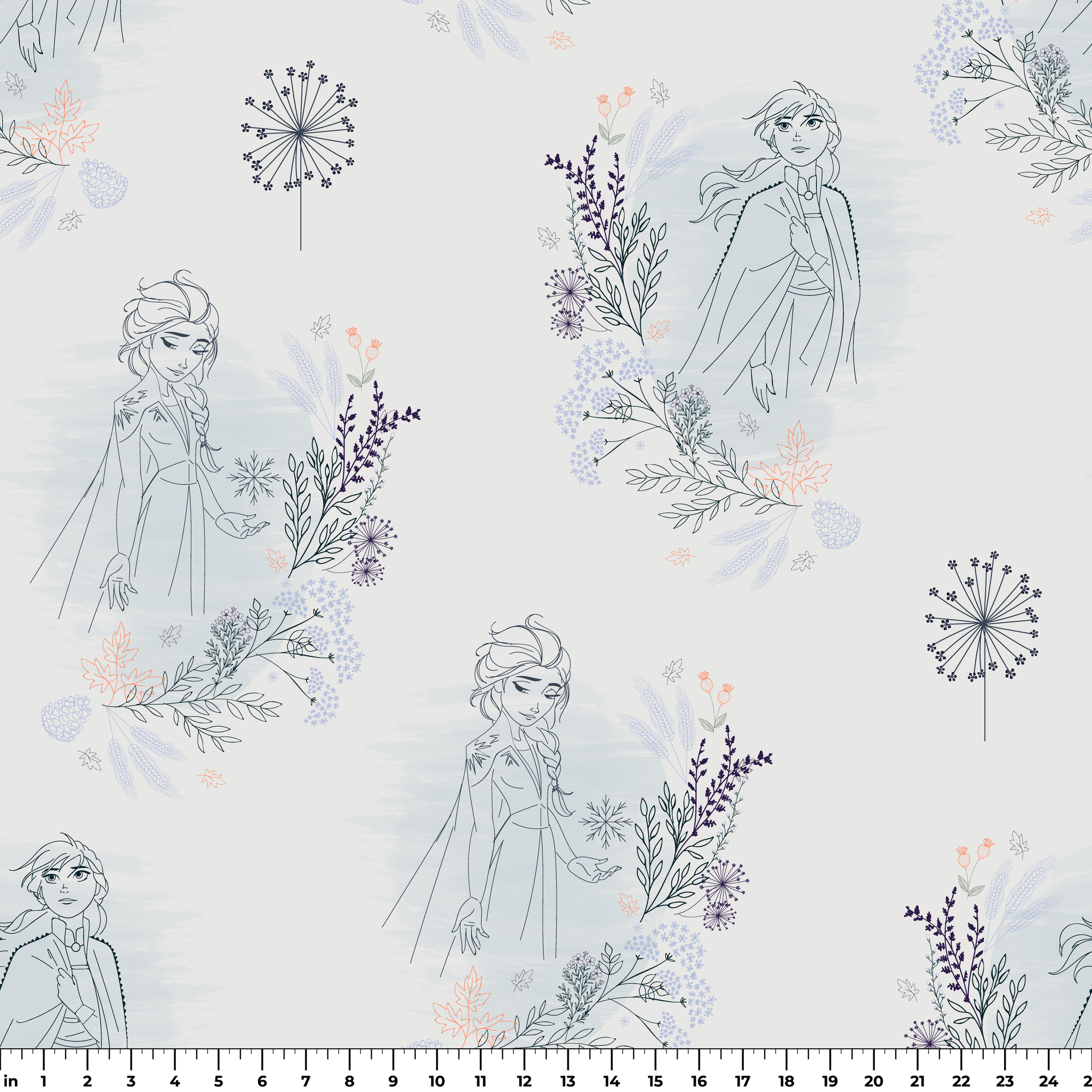 Delicate blue pattern featuring Frozen's Elsa and Anna surrounded by floral elements and dandelions on a light background ruler