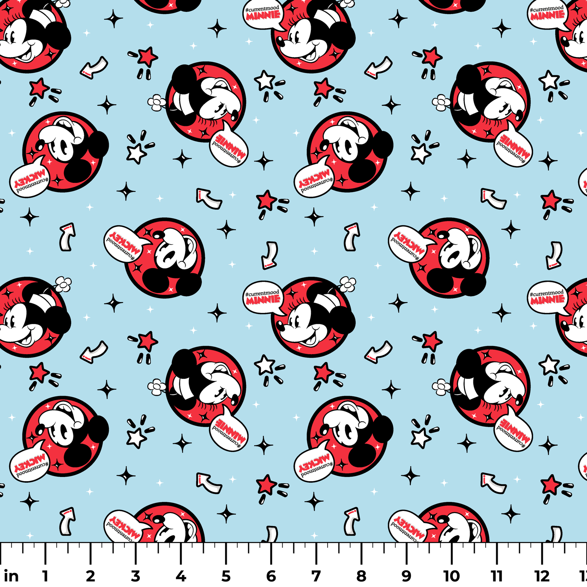 Disney Mickey Mouse pattern with red circular emblems on light blue background with stars and arrows ruler
