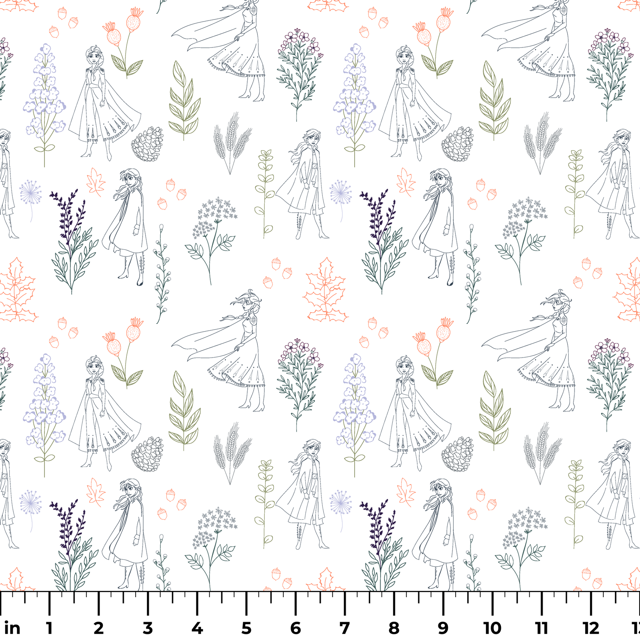 Delicate line drawing pattern of Elsa and Anna among botanical illustrations and flowers in soft colors ruler