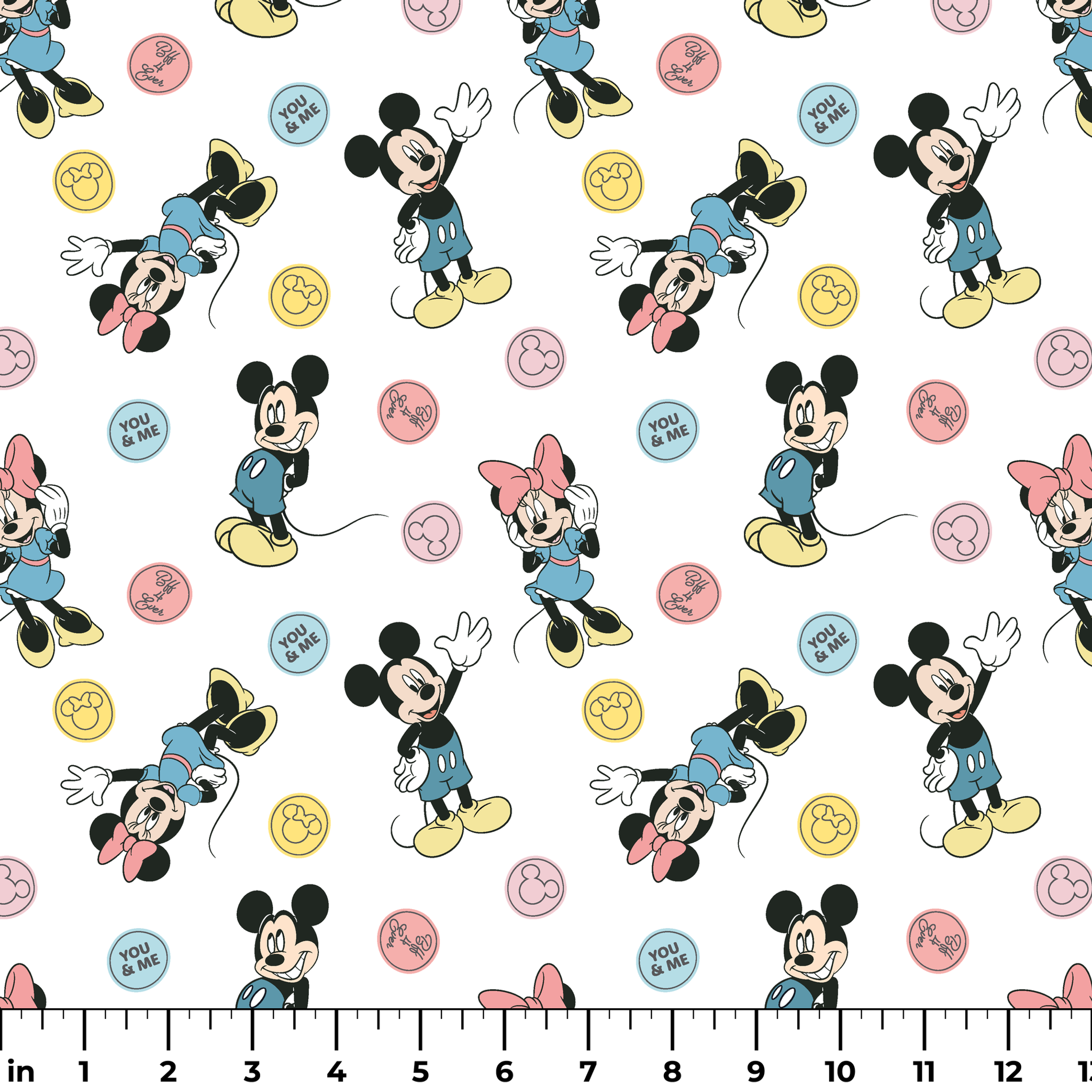 Mickey Mouse and Minnie Mouse cartoon pattern with colorful circles containing phrases on white background. ruler
