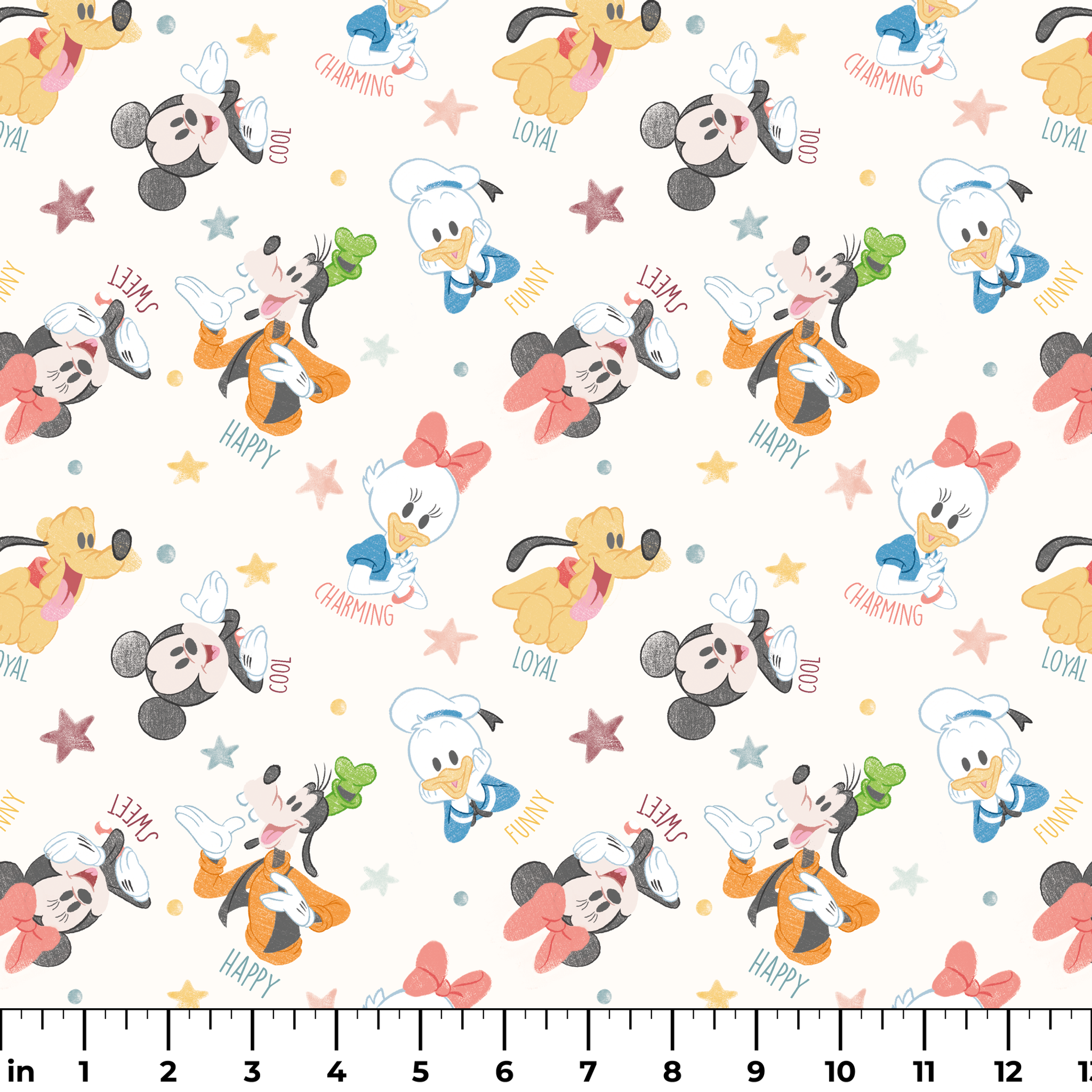 Colorful Disney character pattern with Mickey, Minnie, Donald, Pluto and stars on white background ruler