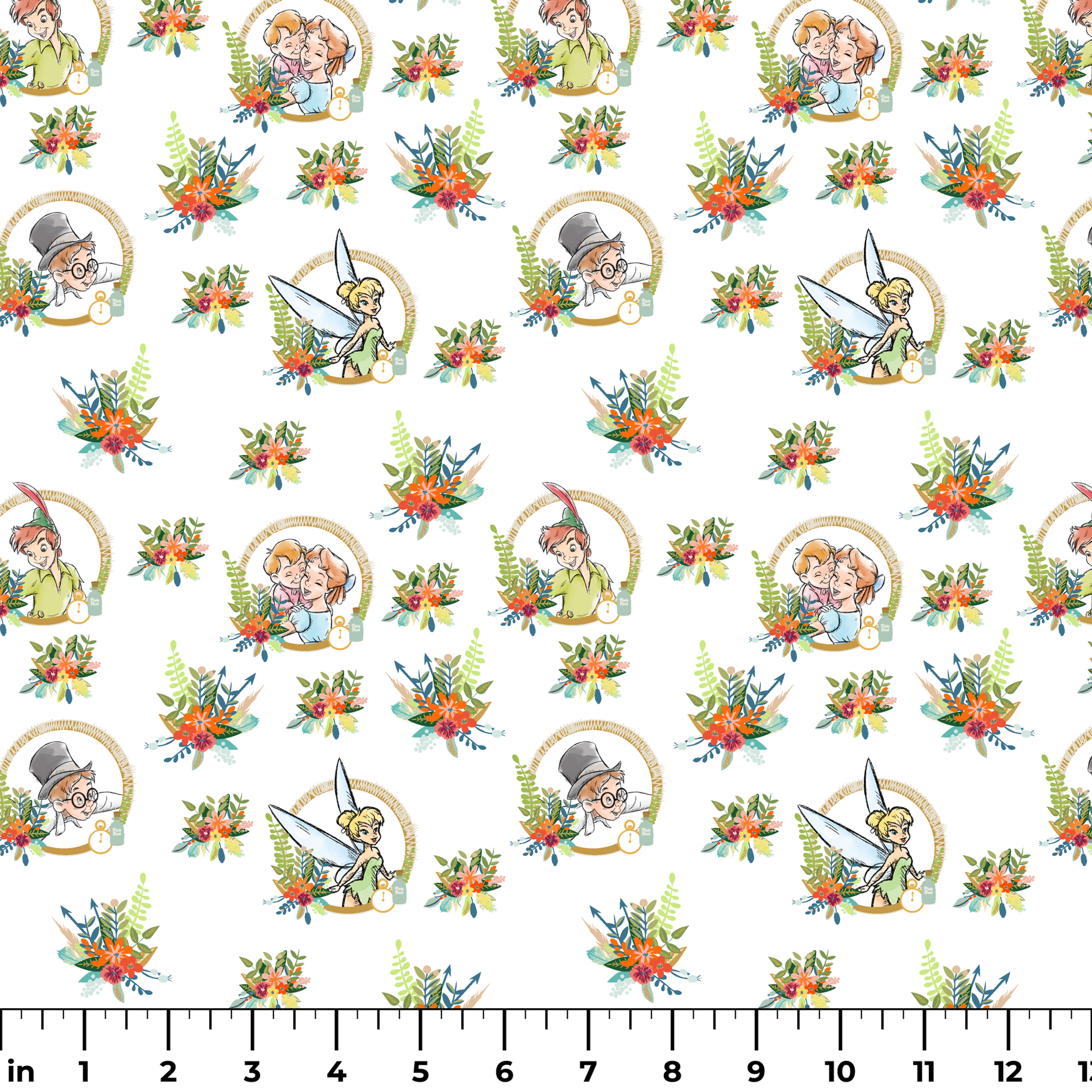 Illustrated pattern featuring cartoon characters in gold circles with colorful floral arrangements ruler