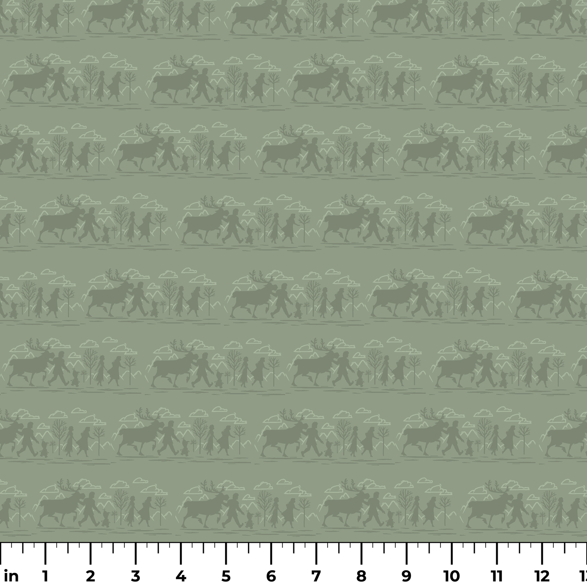Muted green patterned design with repeating silhouettes of Frozen characters in horizontal bands ruler