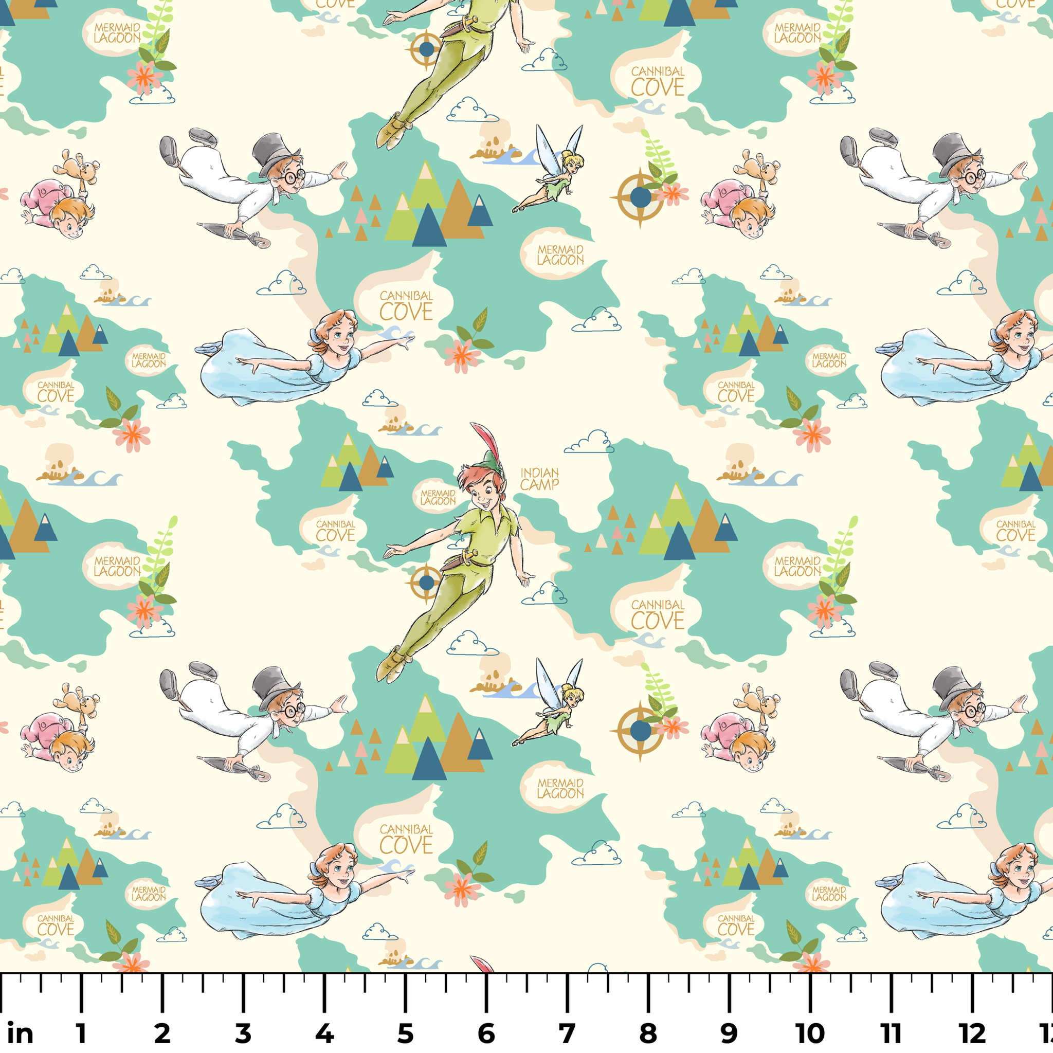 This is a whimsical Peter Pan themed pattern featuring characters flying through a turquoise sky with geometric mountains and text bubbles showing "Mermaid Cove" locations. ruler