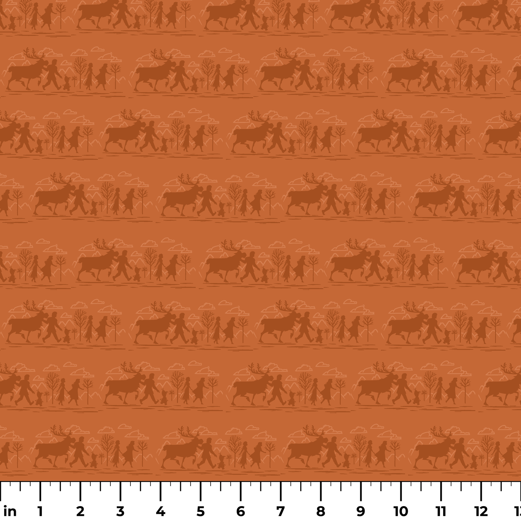 Repeating brown pattern with silhouettes of Frozen characters and trees in a rustic woodland scene ruler