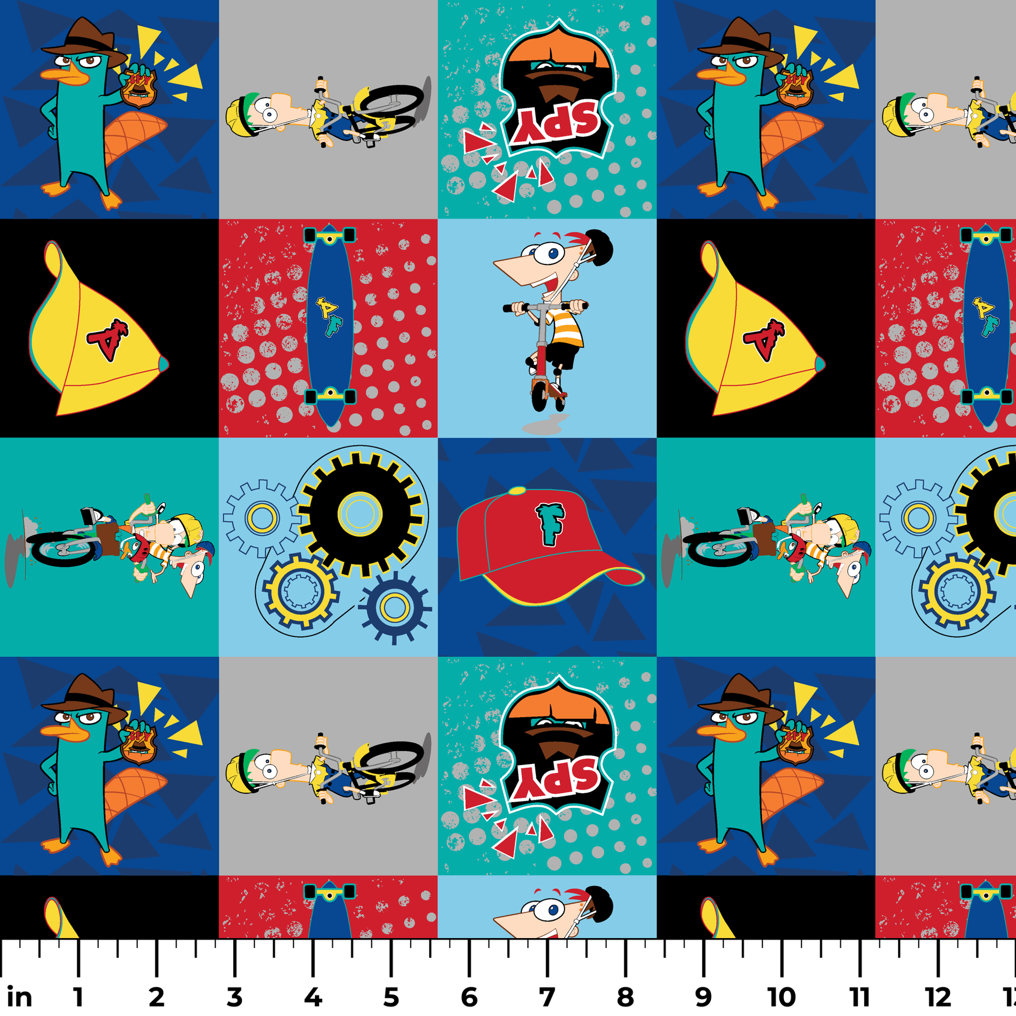 Phineas and Ferb cartoon characters in 9-square grid featuring Perry, logos, and mechanical designs ruler