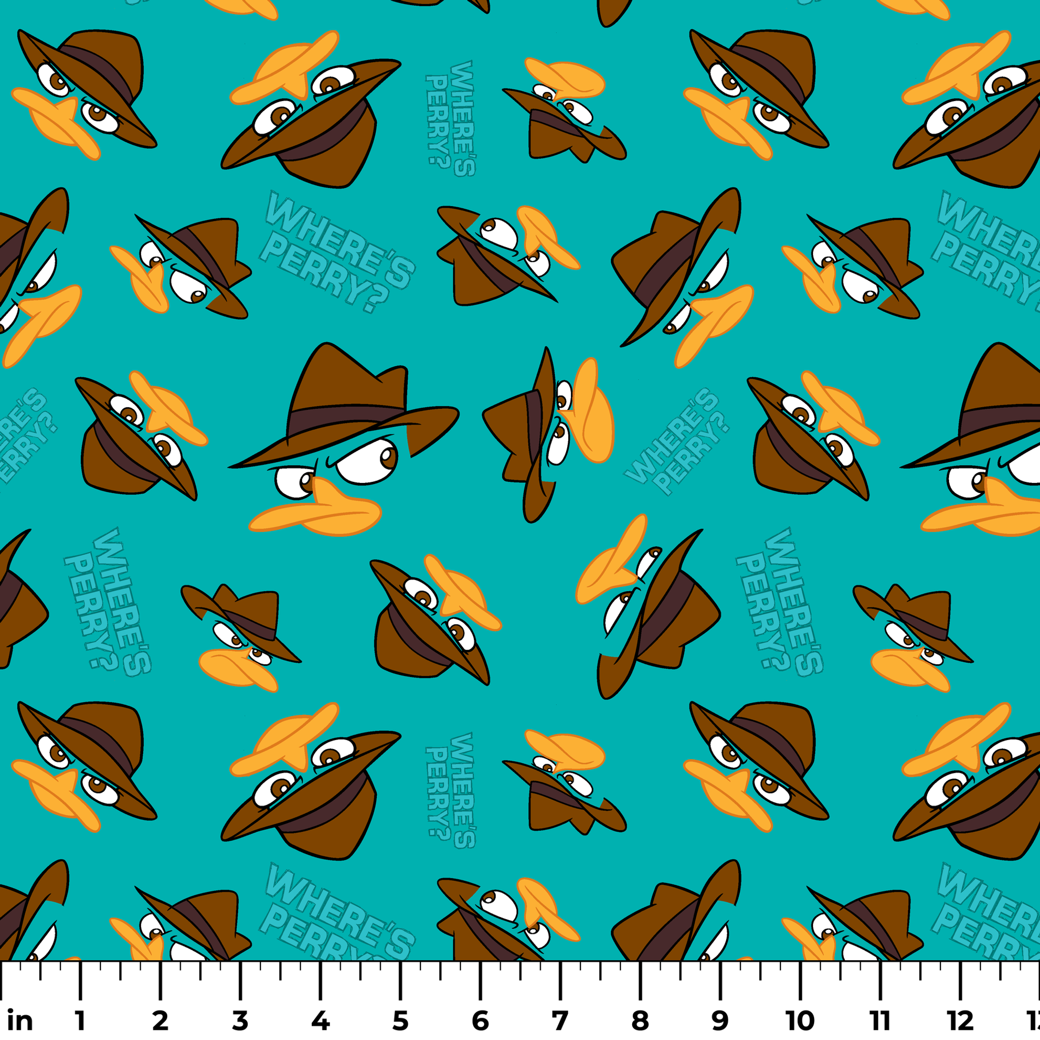 Pattern of cartoon character faces with brown fedora hats on teal background with "Where's Perry" text ruler