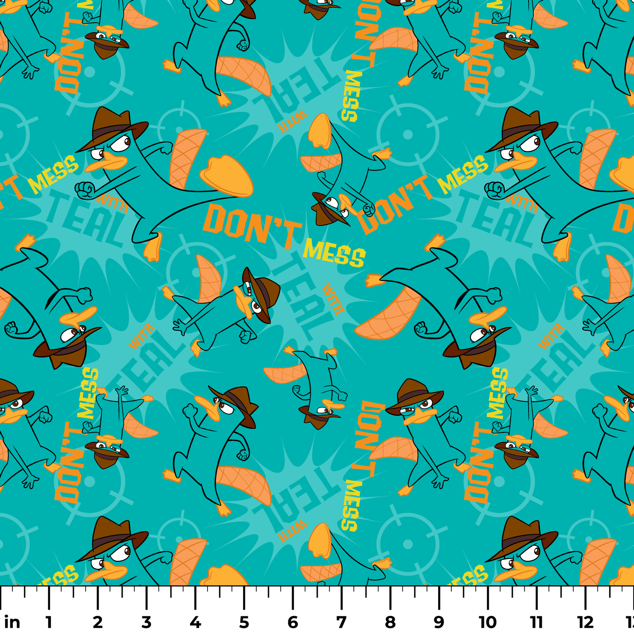 Cartoon pattern of platypus character in fedora hat with orange elements on teal background ruler