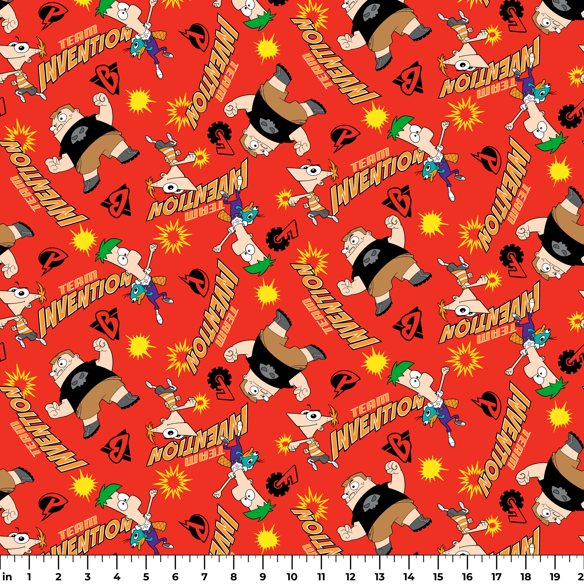 Red background pattern with Phineas and Ferb, text reading "Invention" and "McTheim", yellow starbursts, and comic-style design elements ruler