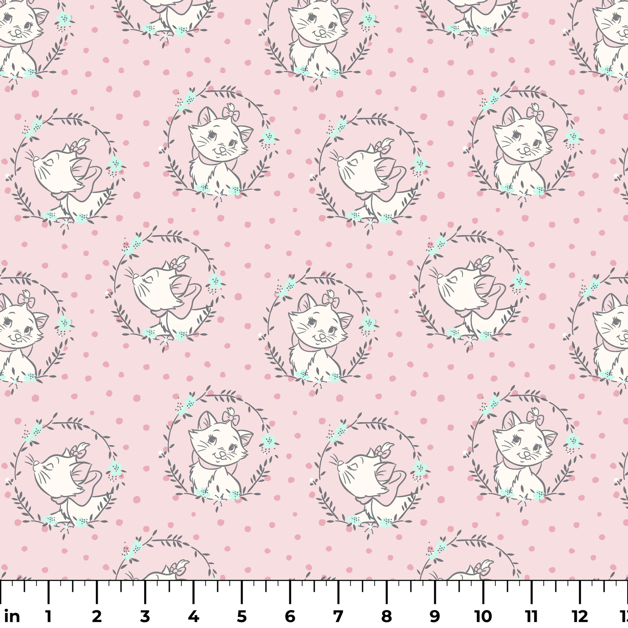 White cartoon cats in floral wreaths on pink polka dot background, seamless pattern ruler