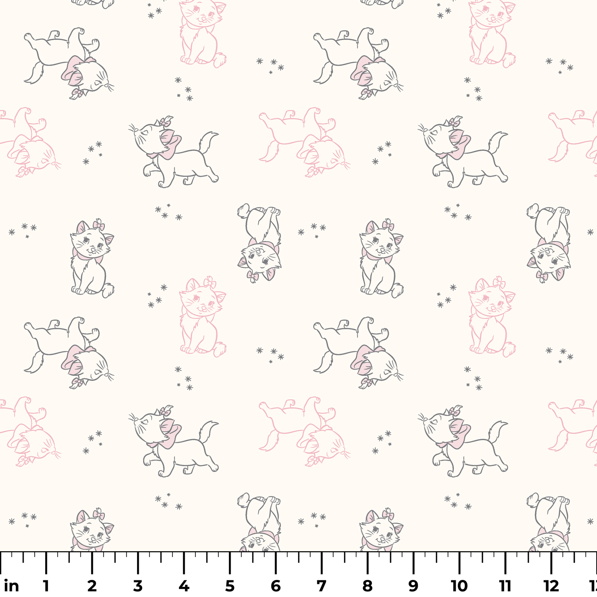 Line drawing pattern of Marie in pink and gray on cream background with small star accents ruler