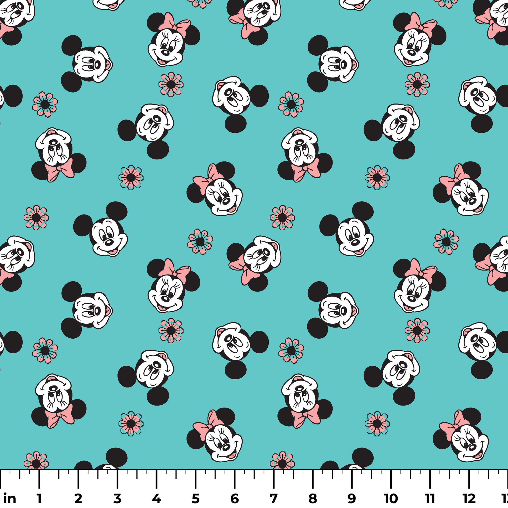Mickey and Minnie Mouse cartoon faces scattered on turquoise background with small flowers ruler