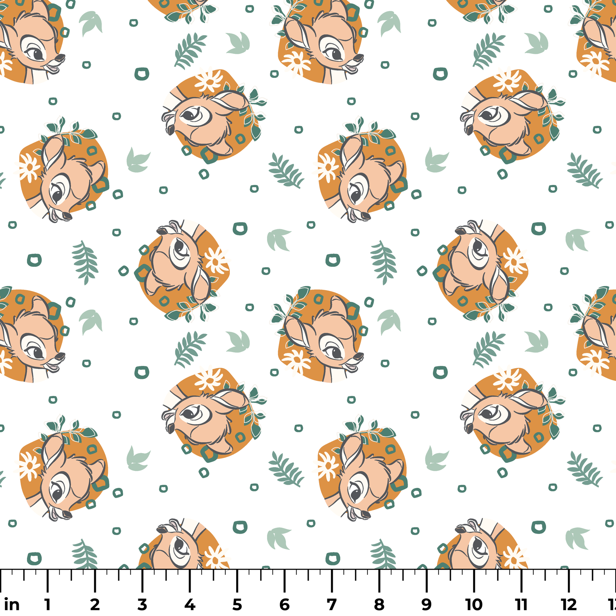 Disney’s Bambi illustrated in golden-orange floral medallions with green leaves and scattered geometric accents on a white background. ruler