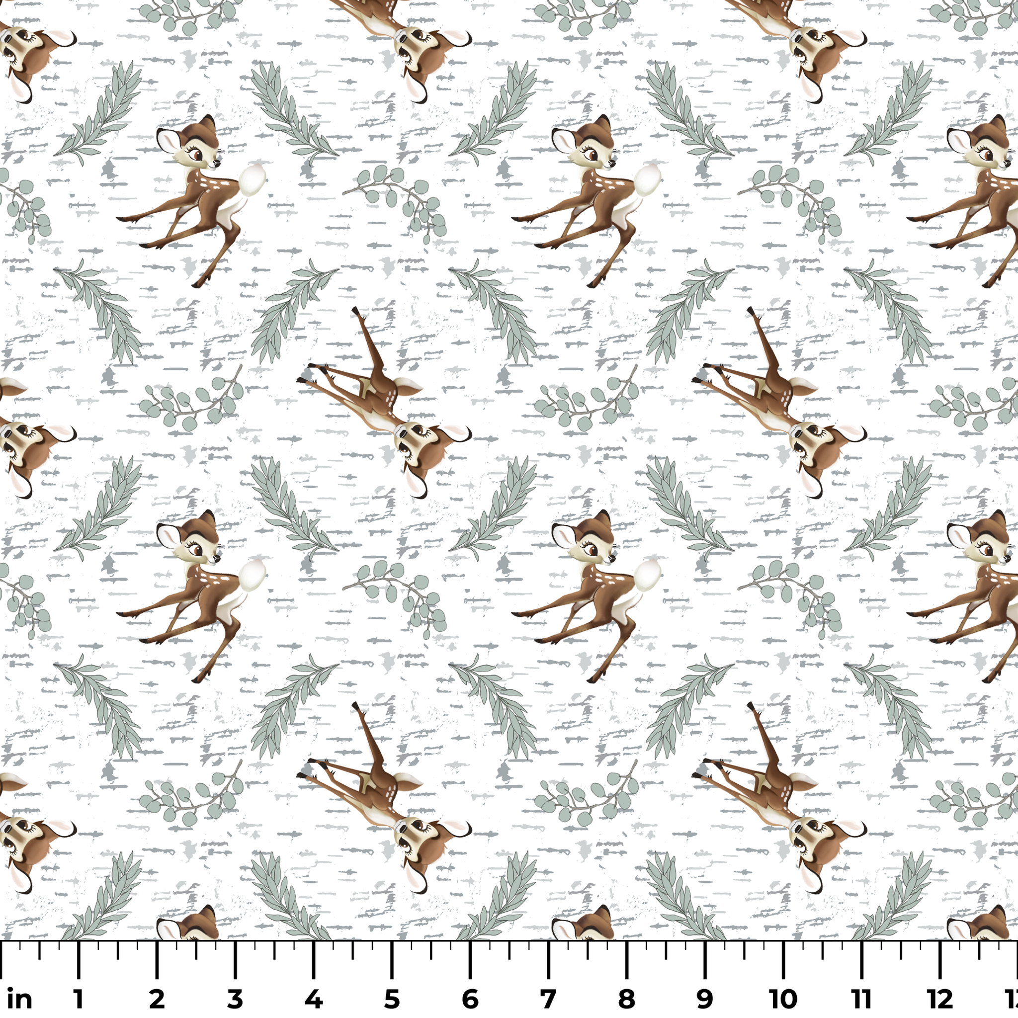 Disney’s Bambi surrounded by sage green sprigs, leafy branches, and birch bark textures on a white background in a woodland-themed scattered repeat. ruler