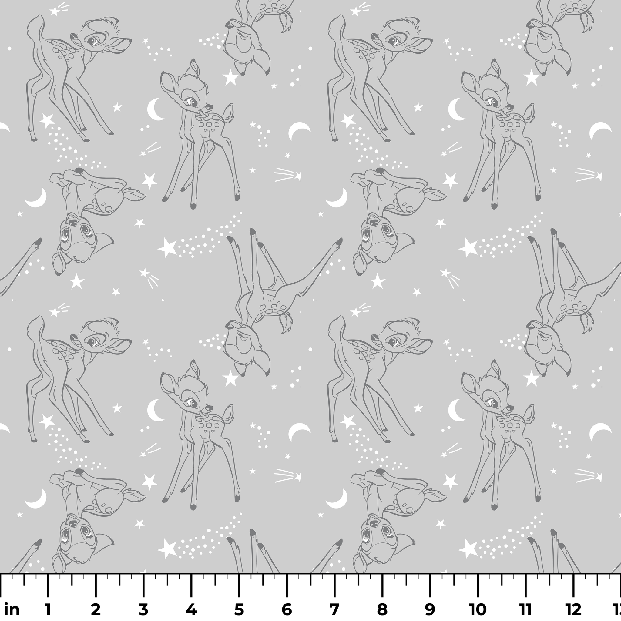 Line art illustrations of Disney’s Bambi surrounded by stars, moons, and stardust trails on a soft gray background in a scattered repeat. ruler