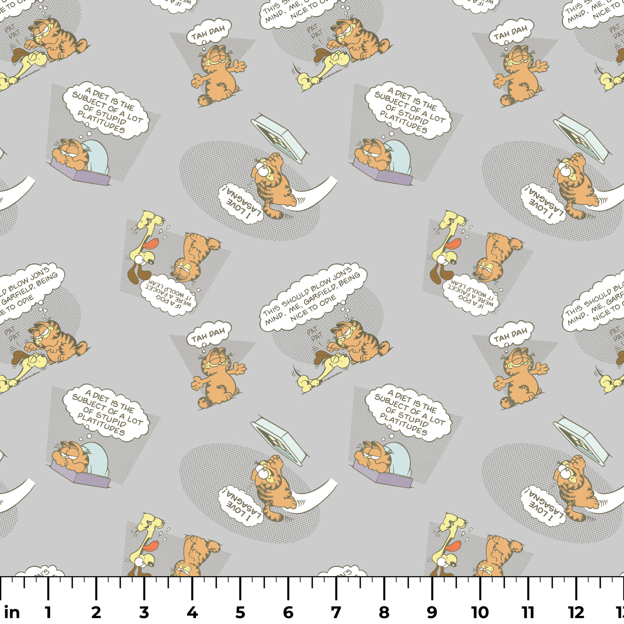 Cartoon Garfield pattern with various poses of the orange cat and speech bubbles on gray background ruler