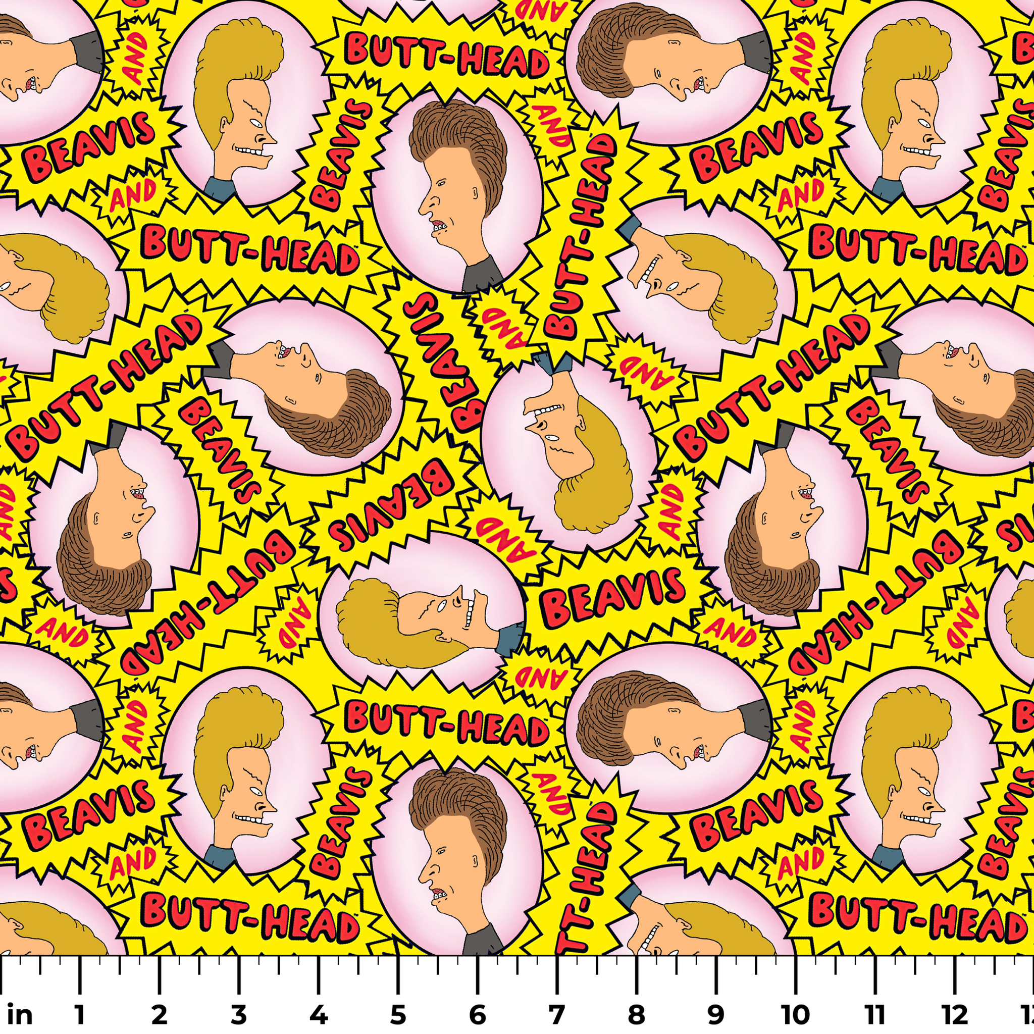 Yellow pattern with cartoon characters and text "BEAVIS" and "BUTT-HEAD" in comic-style speech bubbles repeated throughout ruler