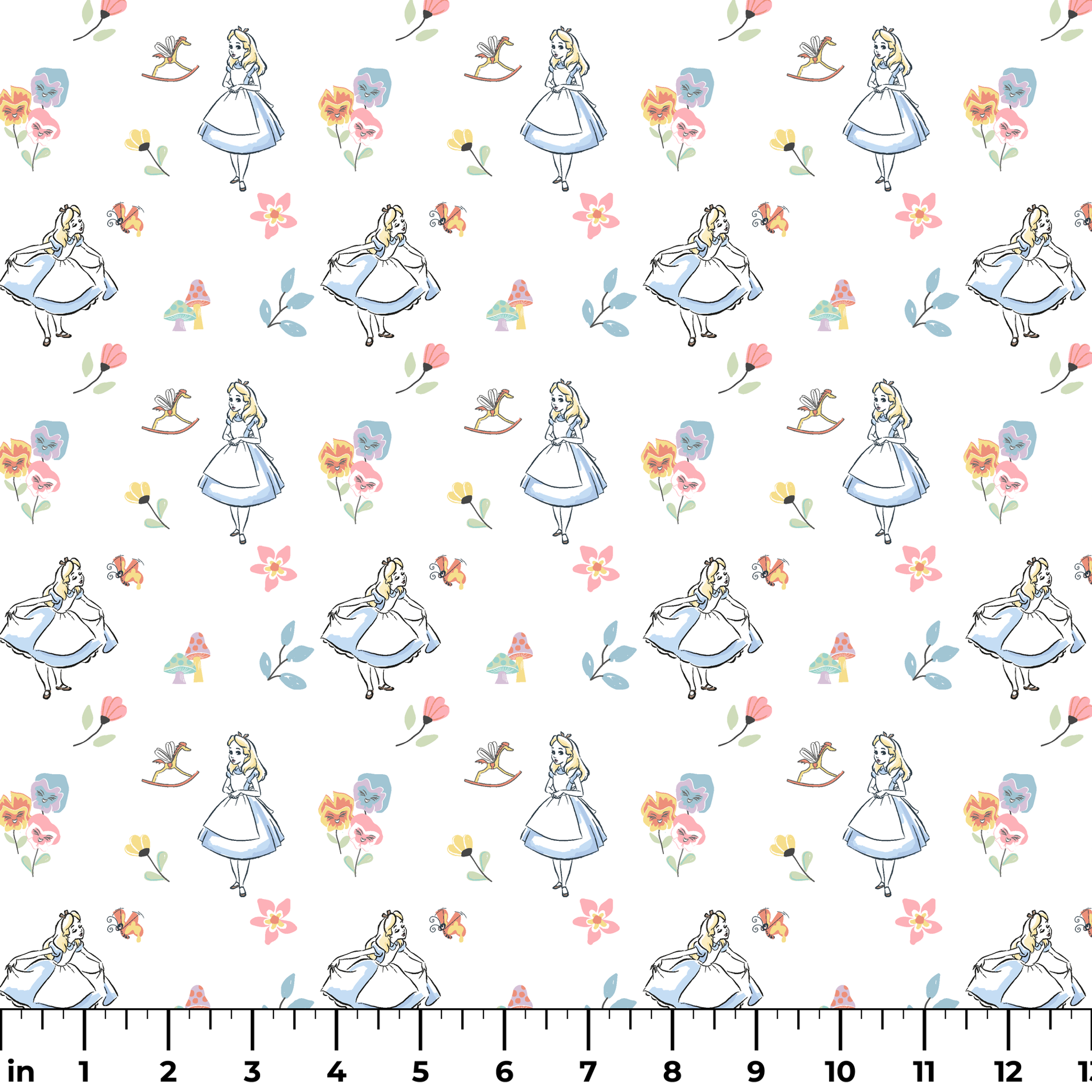 Whimsical pattern featuring character in blue dress with flowers, mushrooms, and rocking horse ruler