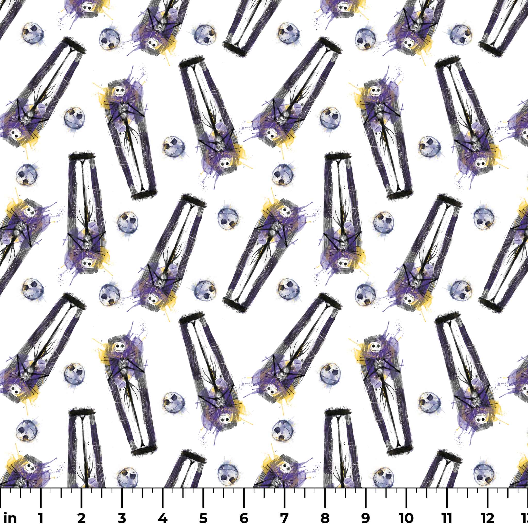 Repeating pattern of stylized gothic figures in black and purple with skull-like faces on white background ruler