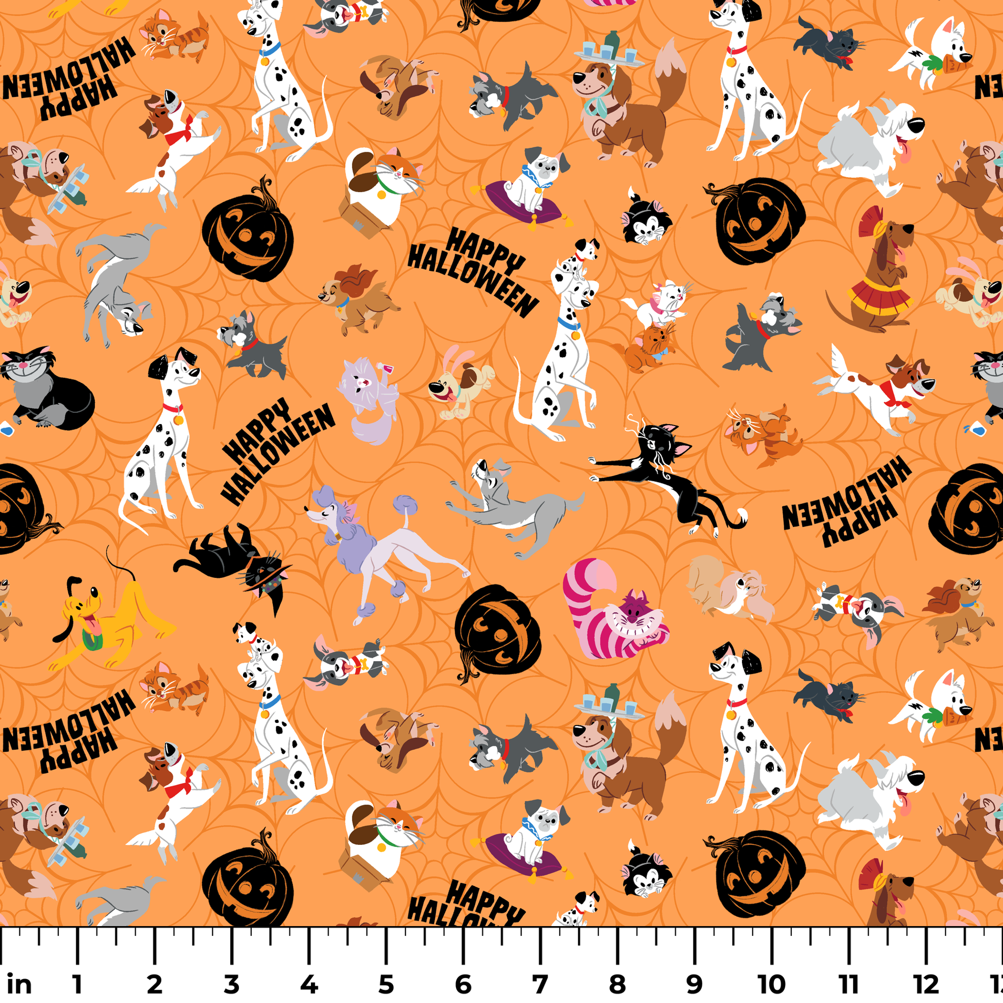 Cartoon dogs in Halloween pattern with pumpkins and "Happy Halloween" text on orange background ruler