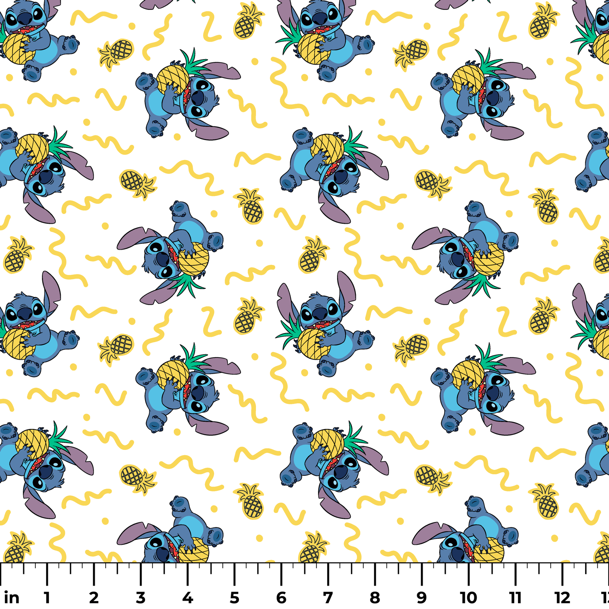 Disney's Stitch holding pineapples with yellow squiggly lines on white background pattern ruler