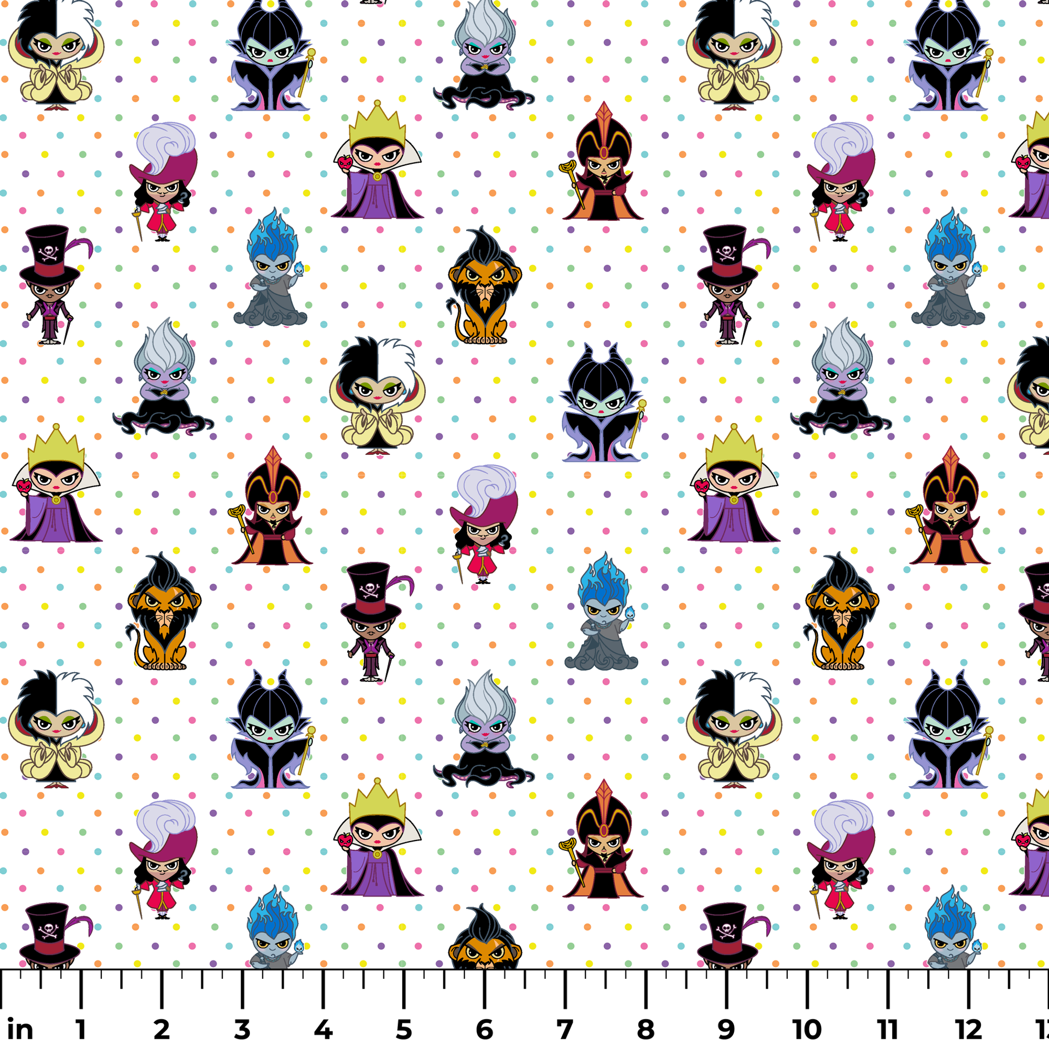 Cartoon Disney villain characters in chibi style scattered on polka dot background, including figures with crowns, capes, and distinctive colorful designs ruler