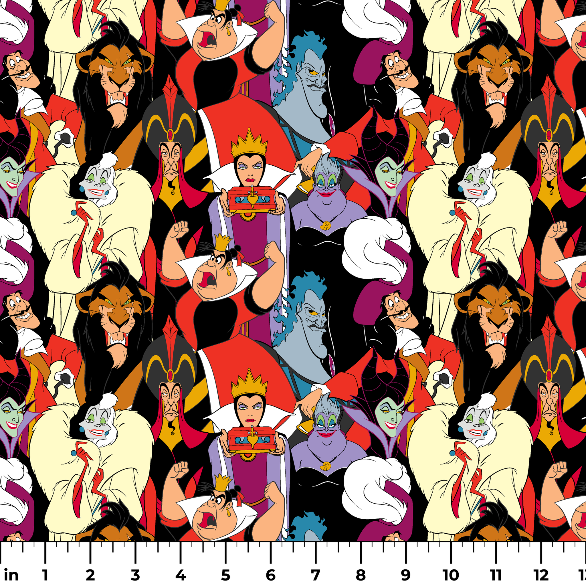 Disney villains collage featuring colorful animated characters with distinct evil expressions and iconic costumes. ruler