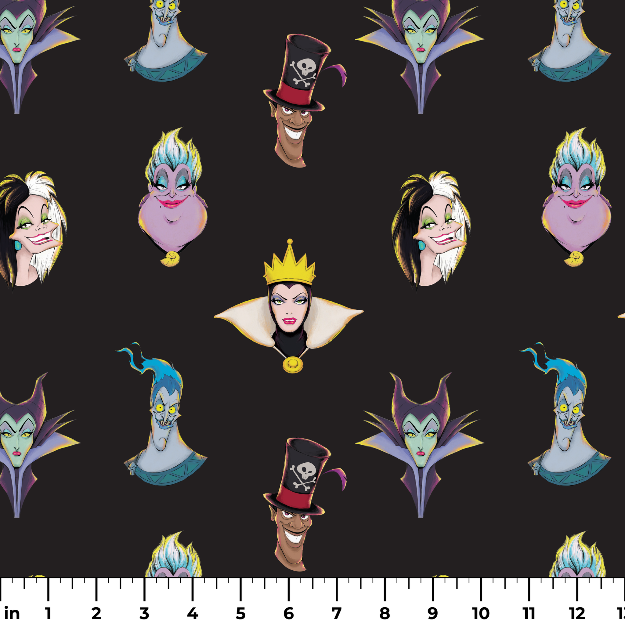Illustrated Disney villain heads on black background including sea witch, evil queen, and others ruler