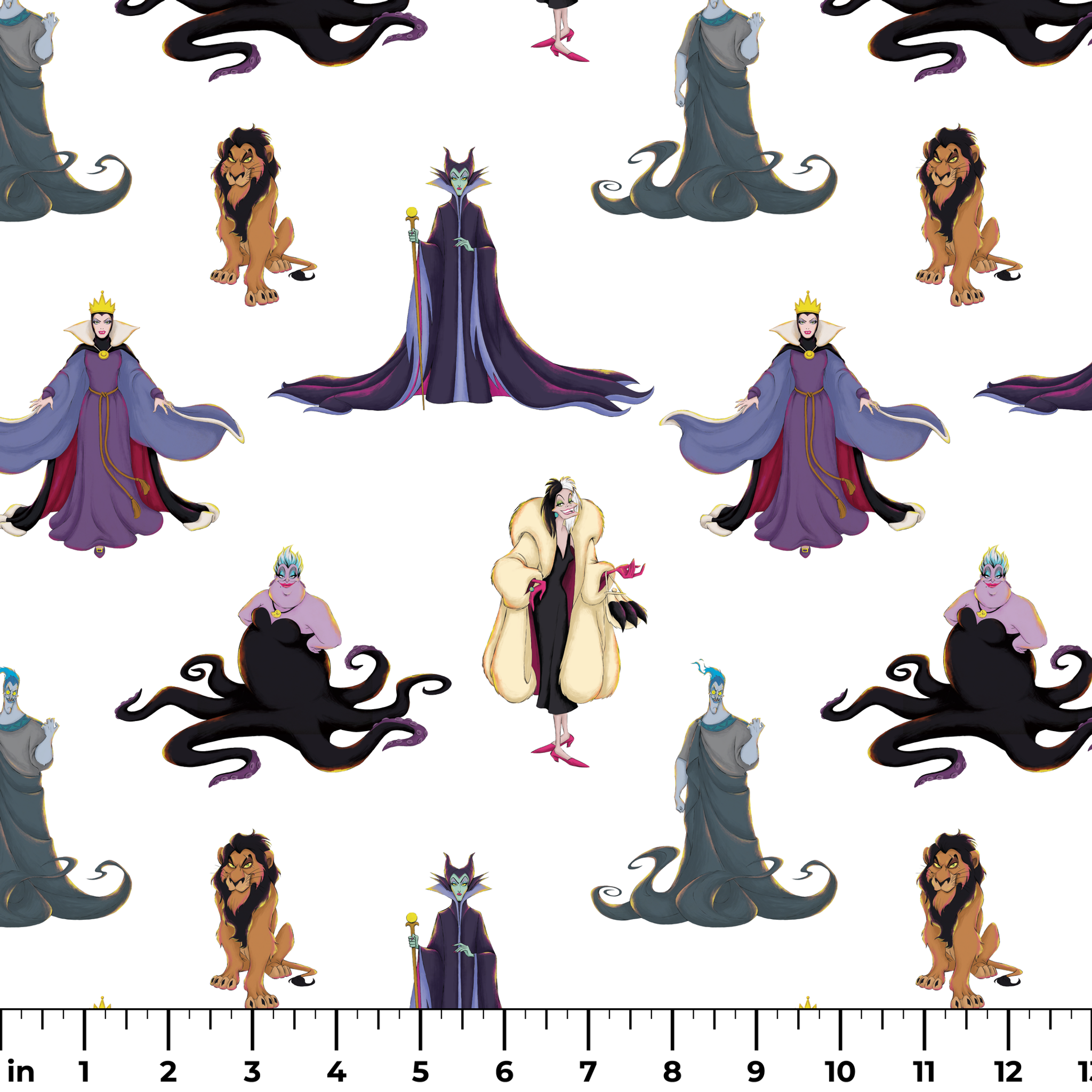 Disney villains pattern with Evil Queen, Scar, Maleficent, Ursula, and Cruella on white background ruler