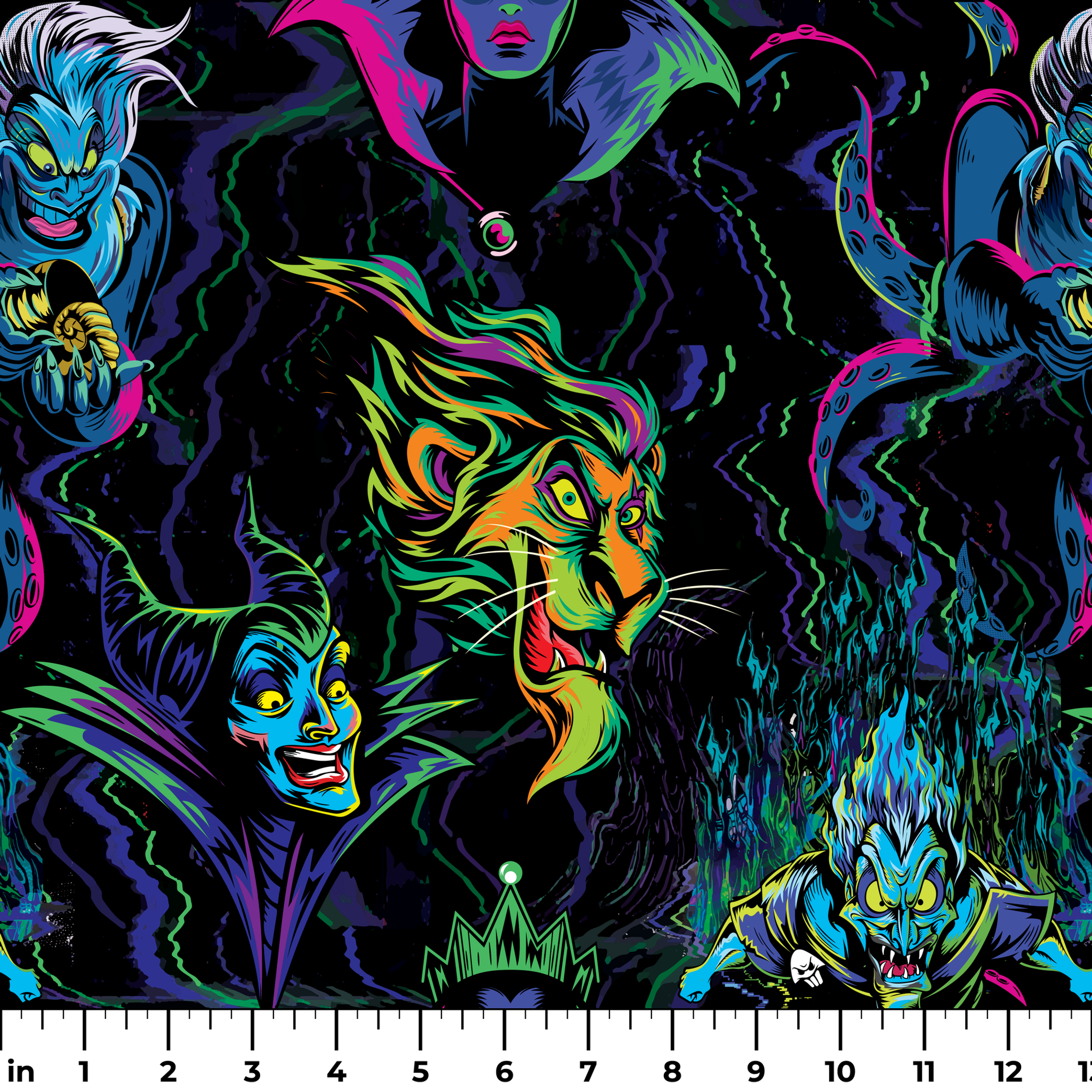Colorful Disney villains in neon colors against black background ruler