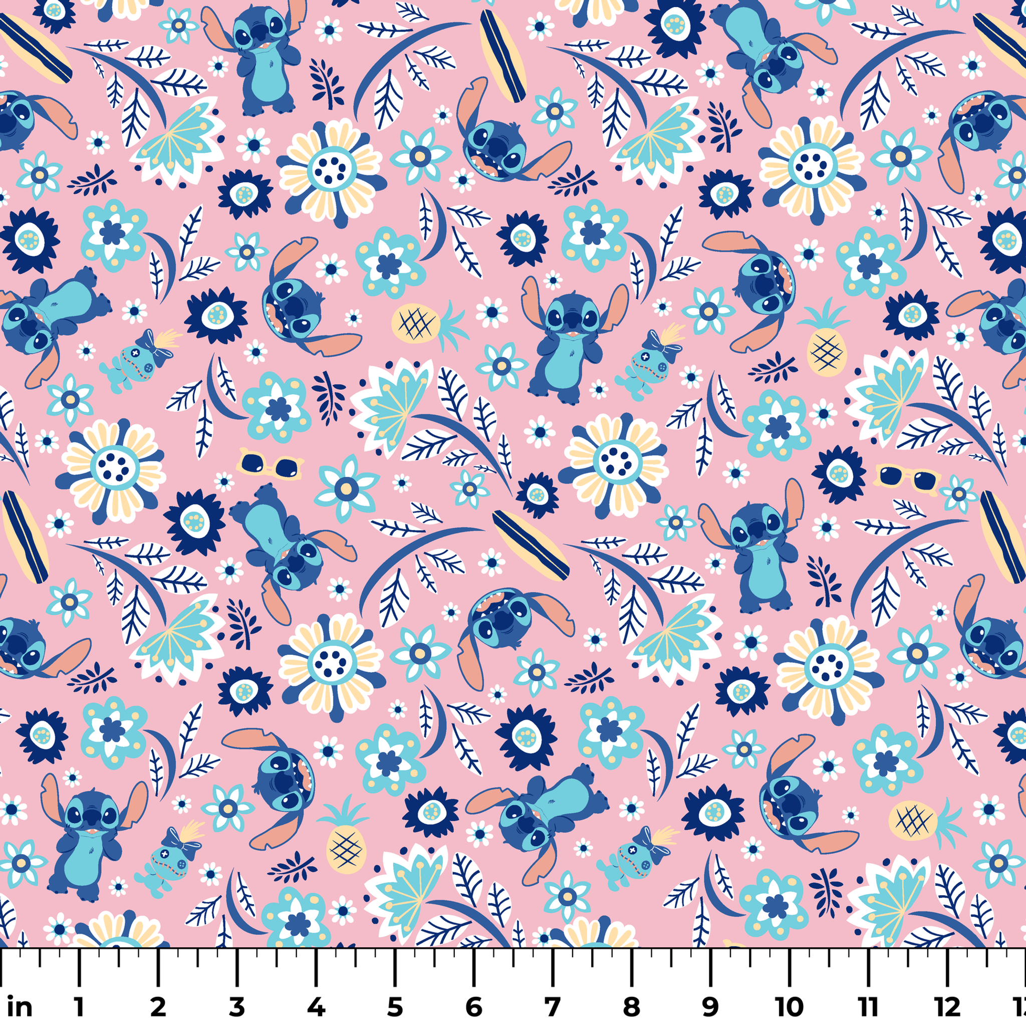 Floral pattern with Disney's Stitch, white daisies, and mint green accents on pink background ruler
