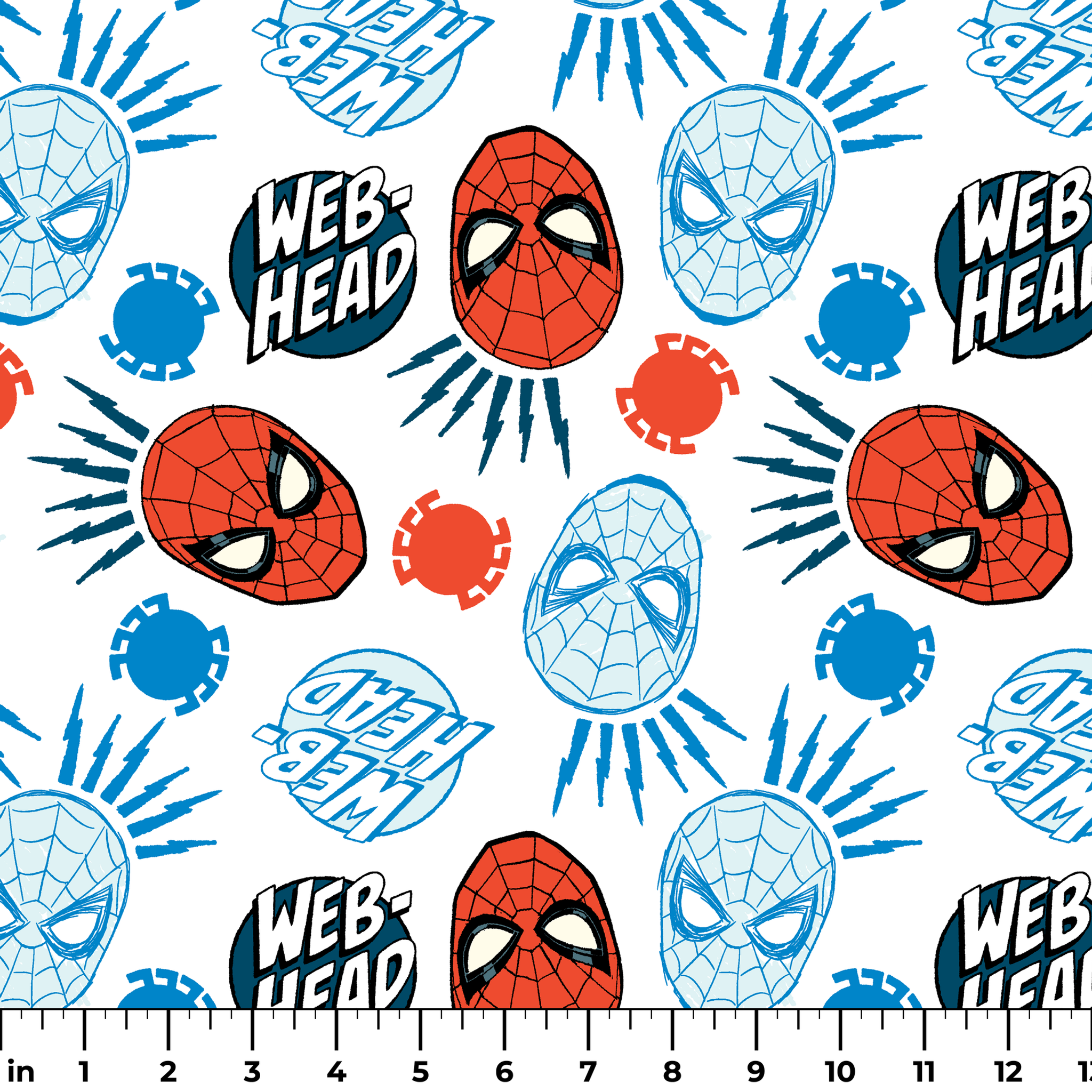 Spider-Man masks pattern with blue and red heads, "WEB HEAD" text, and radiating lines on white background. ruler
