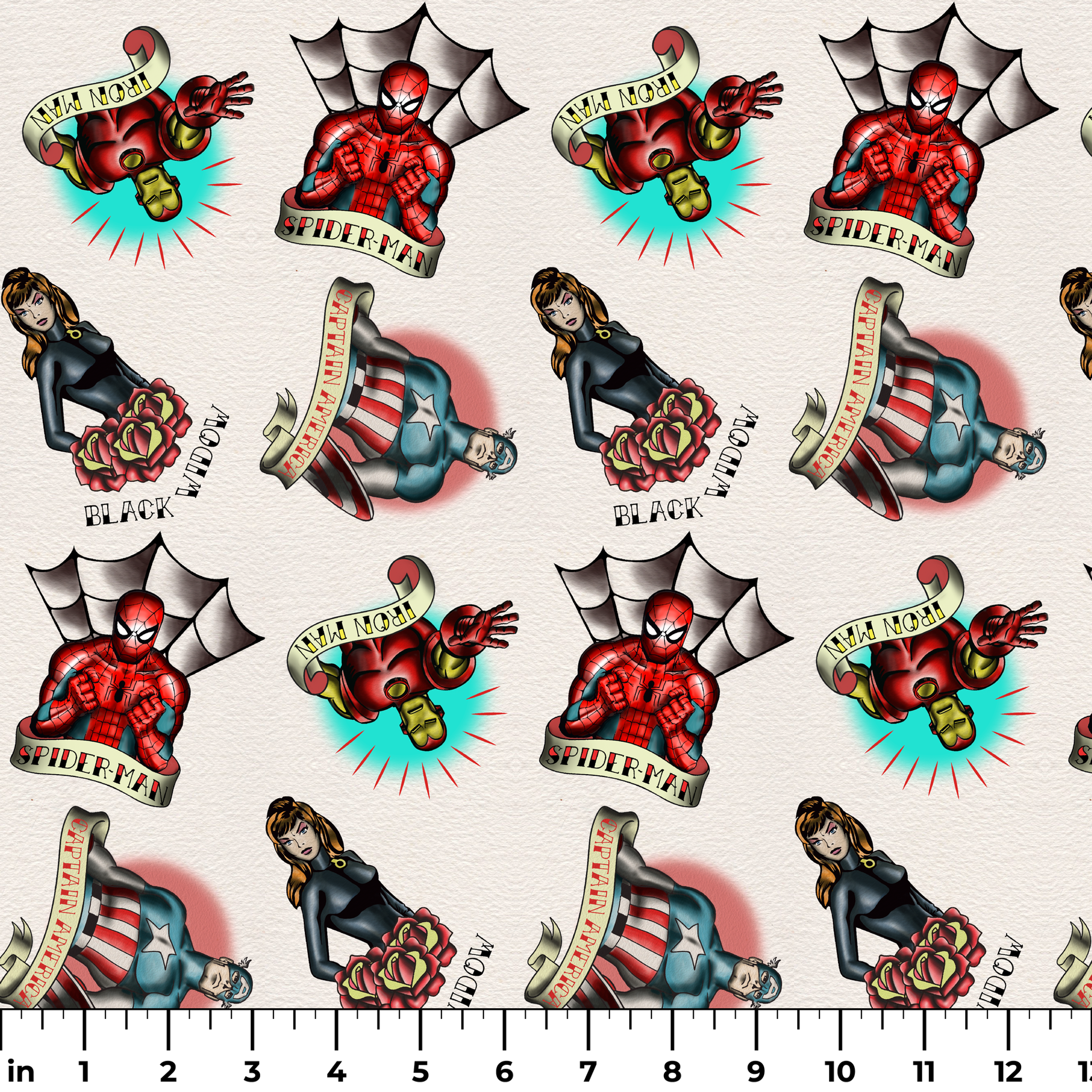 Traditional tattoo flash art designs featuring black panthers, hearts with daggers, spider webs, and colorful elements on cream background ruler